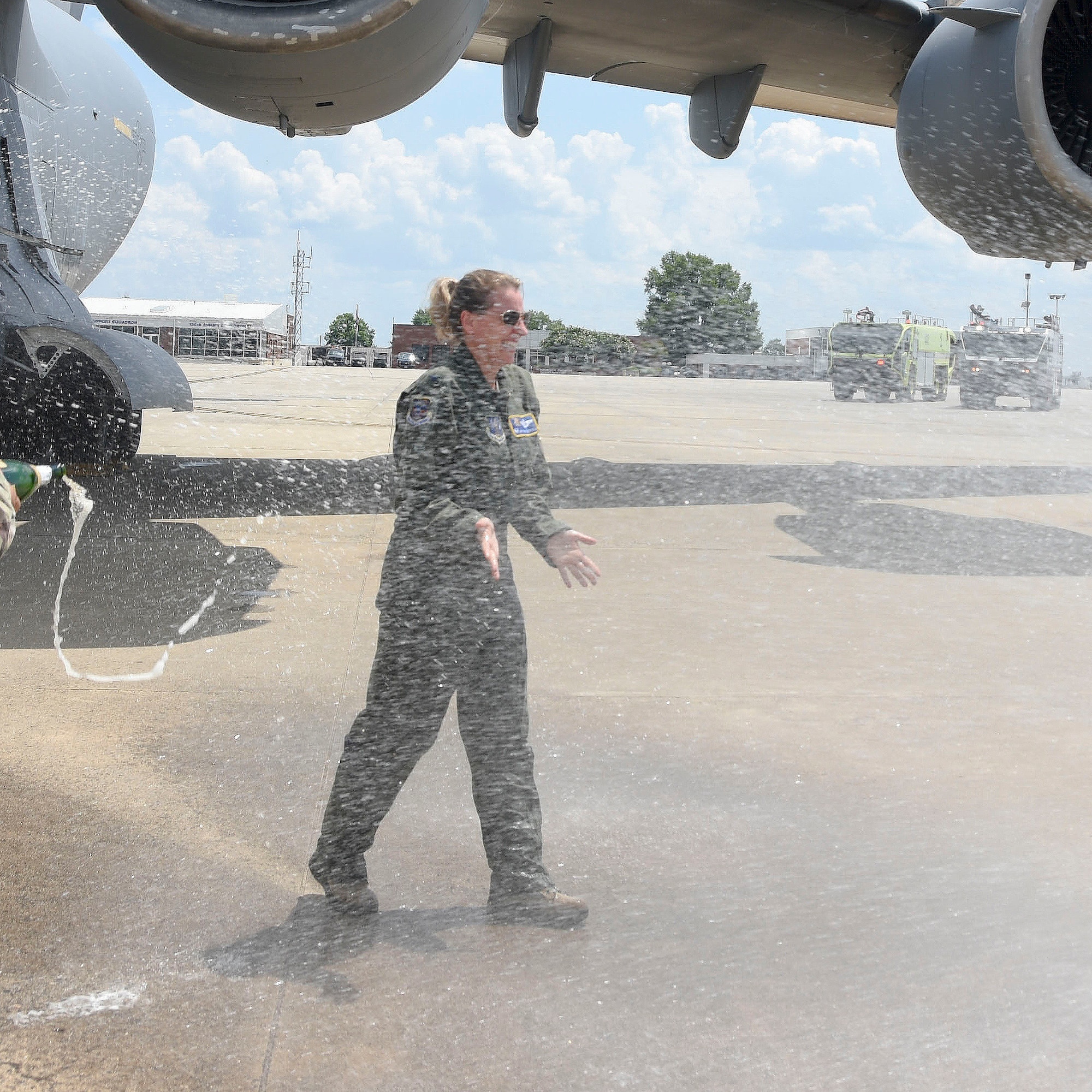 U.S. Air Force Colonel Bryony Terrell, 145th Airlift Wing Commander, is greeted at the completion of her Fini Flight on July 14, 2020, at the North Carolina Air National Guard Base, Charlotte-Douglas International Airport. Colonel Terrell relinquishes Command on August 1, 2020, after leading the Airmen of the 145th Airlift Wing through their transition in mission from C – 130 Hercules to C 17 Globemaster aircraft.