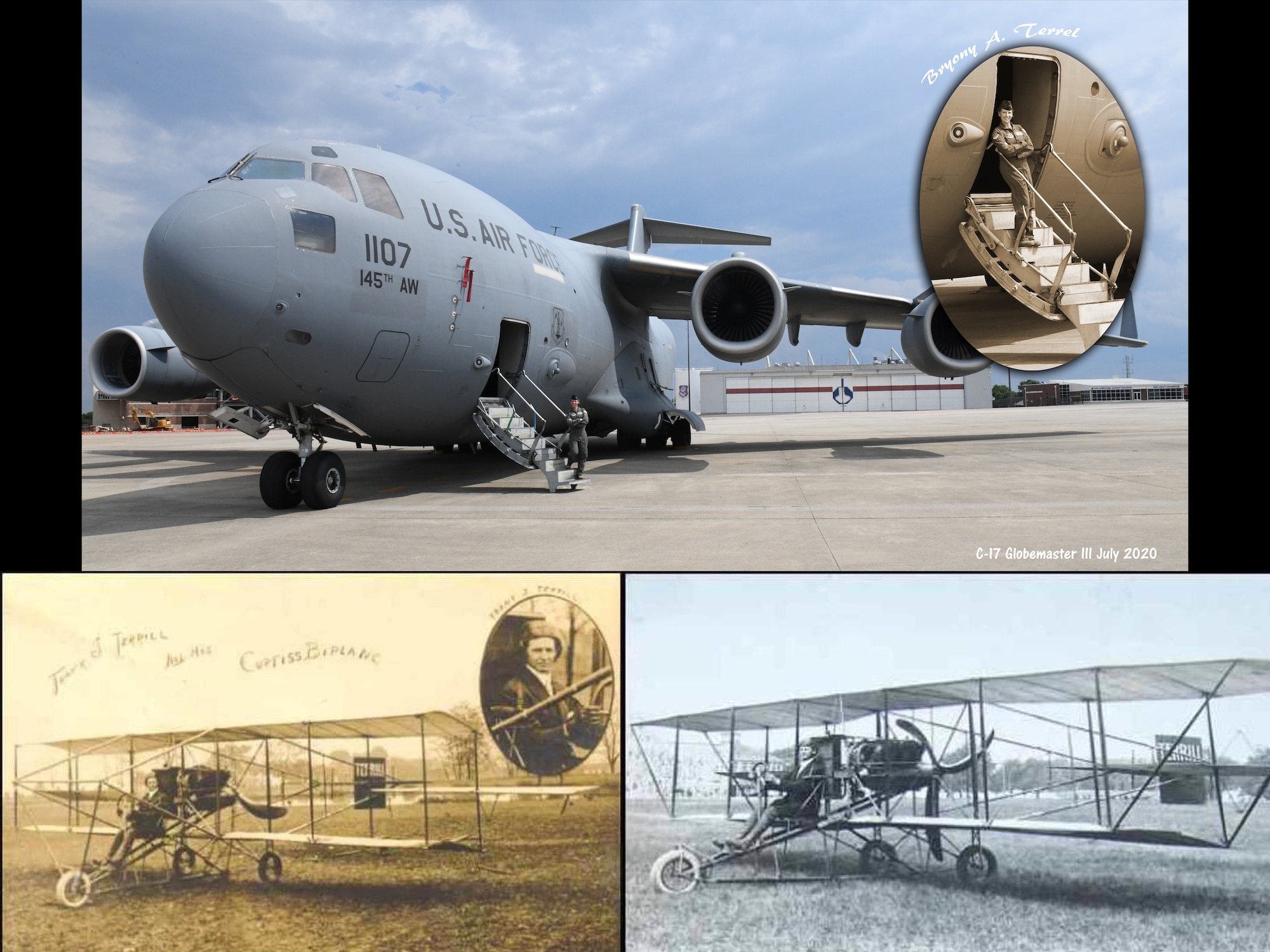 A collage of three images, the top image is U.S. Air Force Colonel Bryony Terrell, 145th Airlift Wing Commander, standing on the galley of a C-17 Globemaster, on July 15, 2020, at the North Carolina Air National Guard Base, Charlotte-Douglas International Airport. The Bottom two images are old photos of Col. Terrell's relative Frank Terrill, who sits aboard his Wright Brothers flier at a South Carolina State Fair, in an undated photograph.