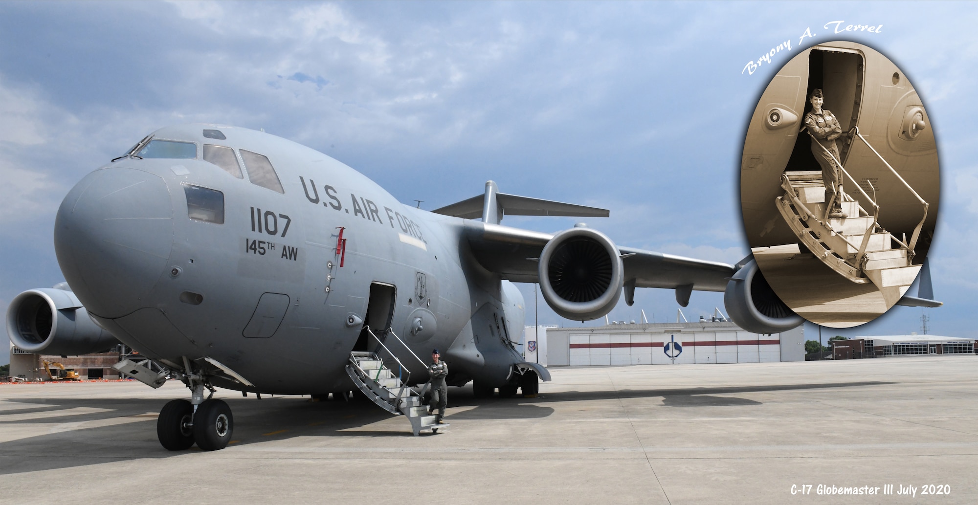 U.S. Air Force Colonel Bryony Terrell, 145th Airlift Wing Commander, stands on the galley of a C-17 Globemaster, on July 15, 2020, at the North Carolina Air National Guard Base, Charlotte-Douglas International Airport, Colonel Terrell relinquishes Command on August 1, 2020, leaving behind a legacy started by her great-great Uncle Frank Terrill, who trained with the Wright Brothers at Kitty Hawk.