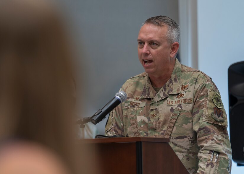 United States Air Force Col. David Seitz, 1st Maintenance Group commander, speaks to invited guests and members of the 1st Munitions Squadron during the unit’s official reactivation and assumption of command ceremony held July 31, 2020 at Joint Base Langley-Eustis, Virginia. The move comes after the release of the Chief of Staff of Air Force’s vision to revitalize squadrons, develop leaders, and prepare for the future to achieve National Defense Strategy objectives. (US. Air Force photo by Nicholas J. De La Pena)