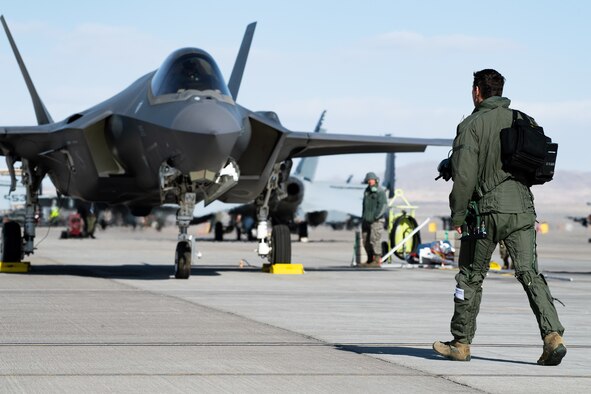 A photo of an F-35A prior to flight.