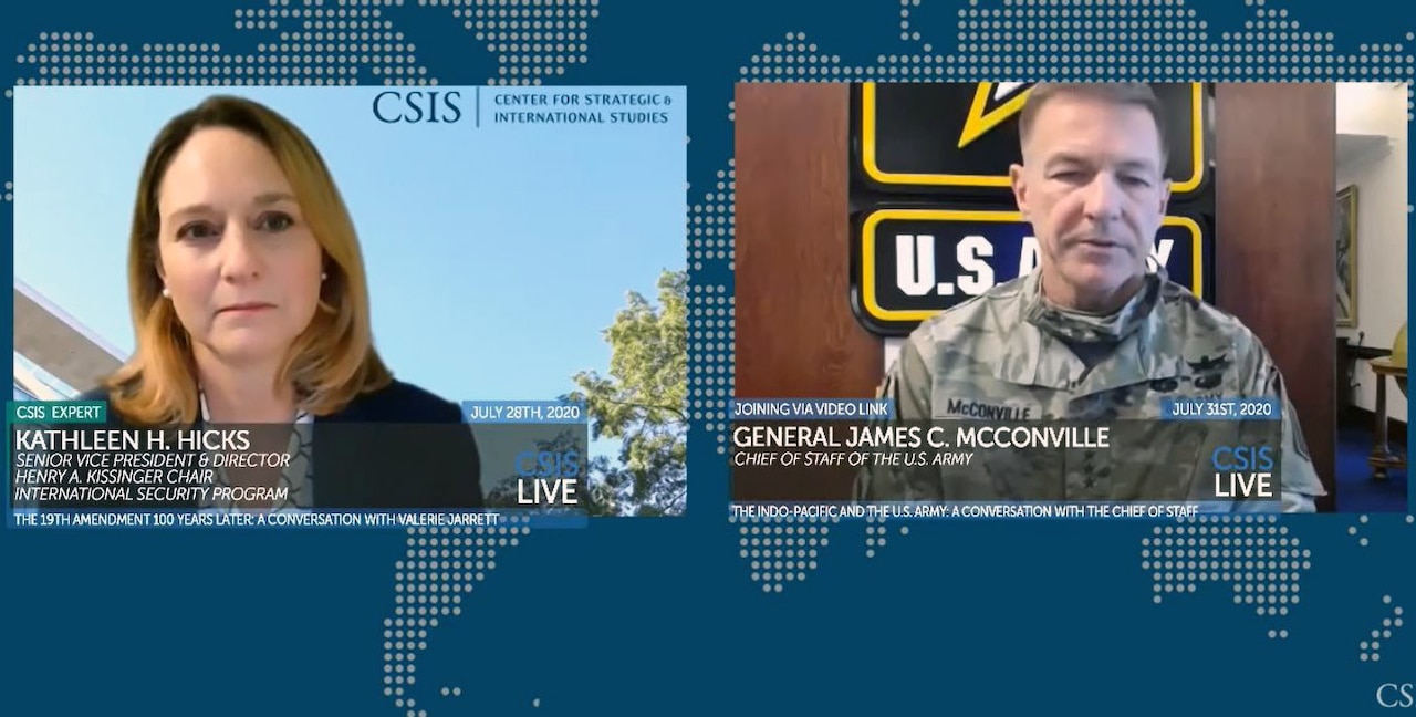 A woman and an Army officer appear on separate screens during a video teleconference.