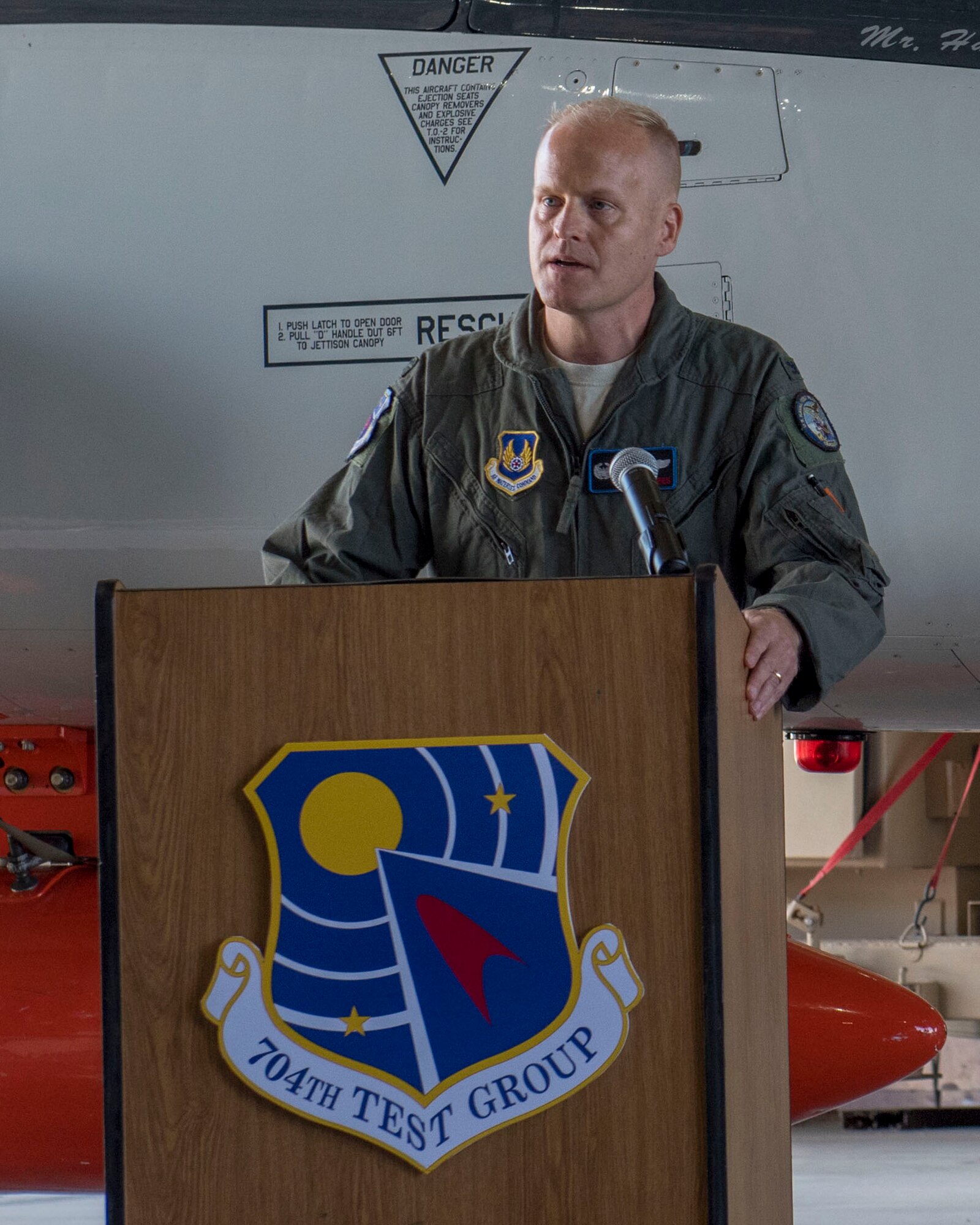 Col. Darren Wees speaks during a Change of Command ceremony July 1 at Holloman Air Force Base, New Mexico. On that date, Wees officially assumed command of the 704th Test Group. (U.S. Air Force photo by Airman 1st Class Quion Lowe)