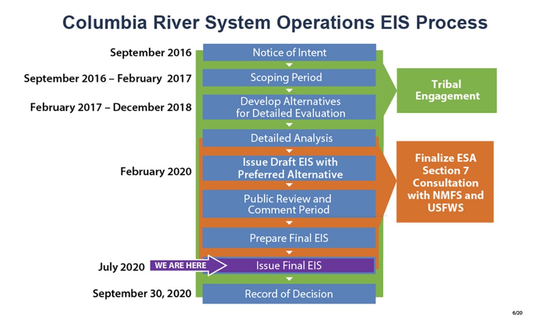 The Columbia River System Operations, Final Environmental Impact Statement was released to the public on July 31, 2020. A record of decision is expected by the end of September 2020.