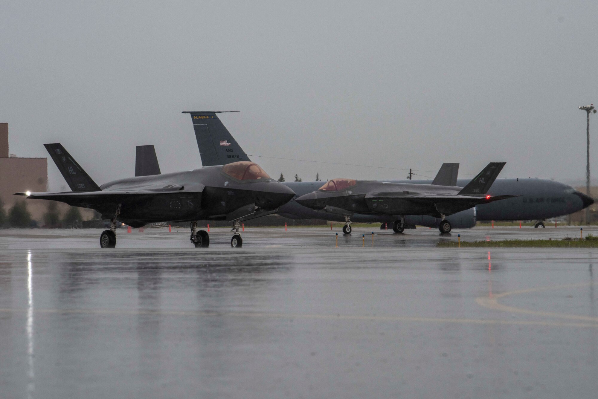Two U.S. Air Force F-35A Lightning IIs from Hill Air Force Base, Utah, taxi on the flight line during RED FLAG-Alaska (RF-A) 20-3 at Eielson Air Force Base, Alaska, Aug. 3, 2020. RF-A provides joint offensive counter-air, interdiction, close air support, and large-force employment training in a simulated combat environment. (U.S. Air Force photo by Airman 1st Class Aaron Larue Guerrisky)