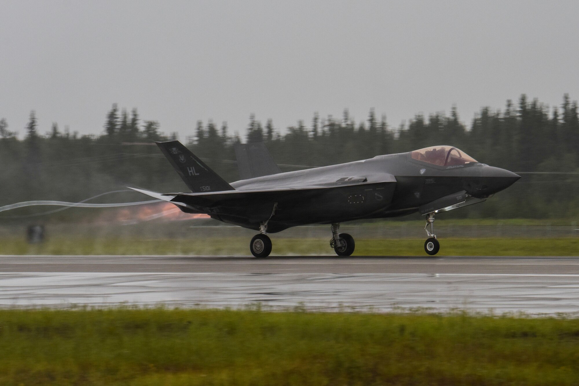 A U.S. Air Force F-35A Lightning II from Hill Air Force Base, Utah, takes off during RED FLAG-Alaska (RF-A) 20-3 at Eielson Air Force Base, Alaska, Aug. 3, 2020. All RF-A exercises take place in the Joint Pacific Alaska Range Complex over Alaska as well as a portion of Western Canadian airspace. (U.S. Air Force photo by Airman 1st Class Aaron Larue Guerrisky)