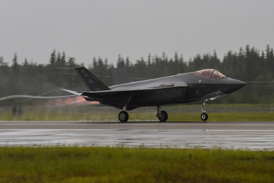 A U.S. Air Force F-35A Lightning II from Hill Air Force Base, Utah, takes off during RED FLAG-Alaska (RF-A) 20-3 at Eielson Air Force Base, Alaska, Aug. 3, 2020. All RF-A exercises take place in the Joint Pacific Alaska Range Complex over Alaska as well as a portion of Western Canadian airspace. (U.S. Air Force photo by Airman 1st Class Aaron Larue Guerrisky)
