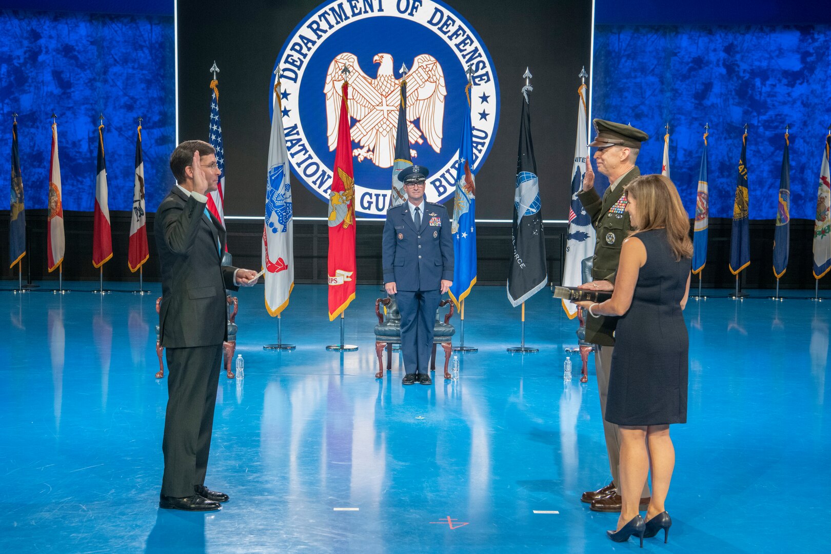 Defense Secretary Dr. Mark T. Esper presides as Army Lt. Gen. Daniel R. Hokanson, director of the Army National Guard, is promoted to general and takes over as 29th National Guard Bureau chief during ceremonies at Joint Base Myer-Henderson Hall, Va., Aug. 3, 2020. Hokanson succeeds Air Force Gen. Joseph L. Lengyel, who has served as NGB chief since August 2016.