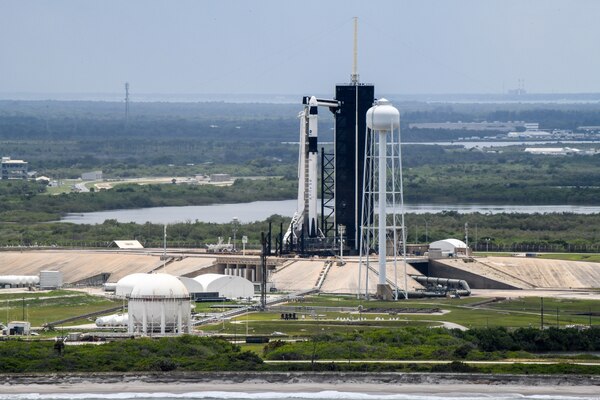 A manned rocket is ready to launch.