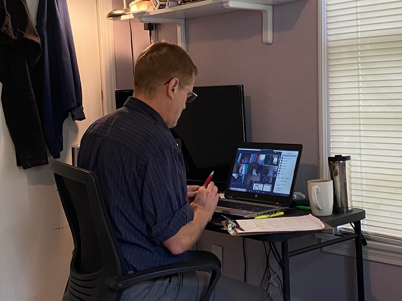 Jeff Moore, a 332nd Training Squadron instructor, teaches a class from his home office as part of a virtual training team program that the Defense Language Institute English Language Center is piloting July, 2020. The VTT program is in the piloting stages but may prove to provide U.S. partners across the globe a viable hybrid distance learning option.