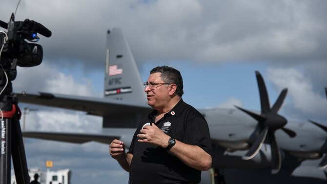 Warren Madden, senior meteorologist and lead of Chief, Aerial Reconnaissance Coordination All Hurricanes team, talks with local media during the Hurricane Awareness Tour May 10, 2019, in Brunswick, Georgia. The purpose of the HAT is to help create a weather-ready nation by raising awareness for the upcoming hurricane season occurring June 1 - Nov. 30, with emphasis this year on raising awareness about inland flooding. (U.S. Air Force photo by Tech. Sgt. Christopher Carranza)