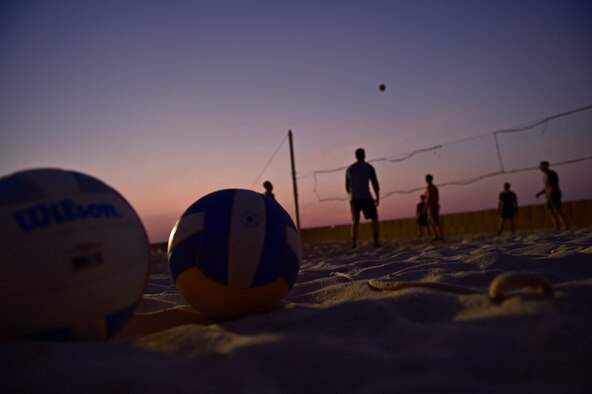 Airmen stationed at Prince Sultan Air Base, Kingdom of Saudi Arabia, compete in a volleyball tournament.