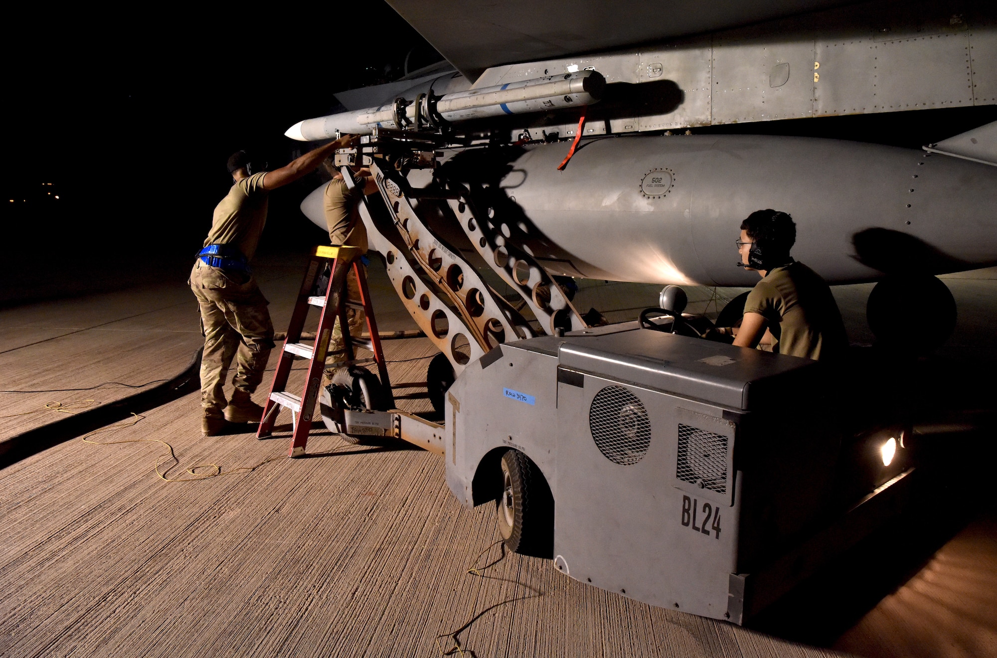 Airmen from the 378th Expeditionary Operations Group conduct an integrated combat turn to test their capability to land, refuel, weapons reload and take off at Prince Sultan Air Base, Kingdom of Saudi Arabia.