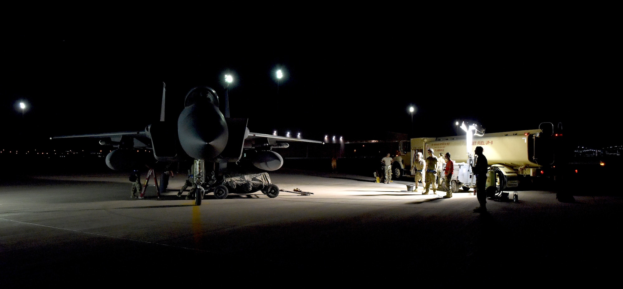 Airmen from the 378th Expeditionary Operations Group conduct an integrated combat turn to test their capability to land, refuel, weapons reload and take off at Prince Sultan Air Base, Kingdom of Saudi Arabia.