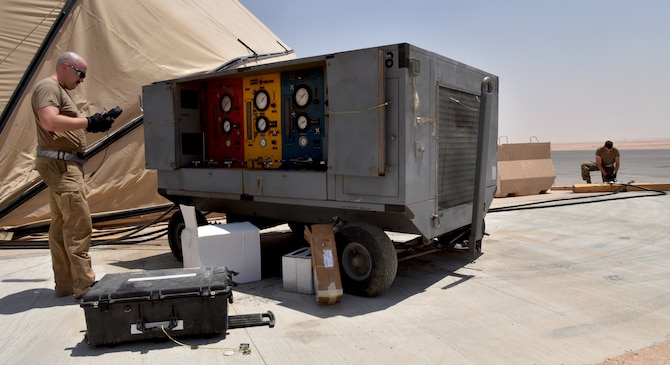 Airmen from the 378th Expeditionary Maintenance Squadron use innovation to test aircraft components at Prince Sultan Air Base, Kingdom of Saudi Arabia.