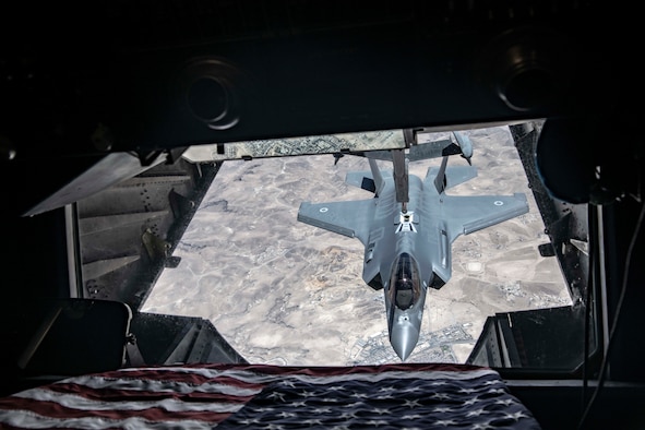 An Israeli Air Force F-35I Lightning II “Adir” approaches a U.S. Air Force 908th Expeditionary Refueling Squadron KC-10 Extender to refuel during “Enduring Lightning II” exercise over southern Israel Aug. 2, 2020. While forging a resolute partnership, the allies train to maintain a ready posture to deter against regional aggressors. (U.S. Air Force photo by Master Sgt. Patrick OReilly)