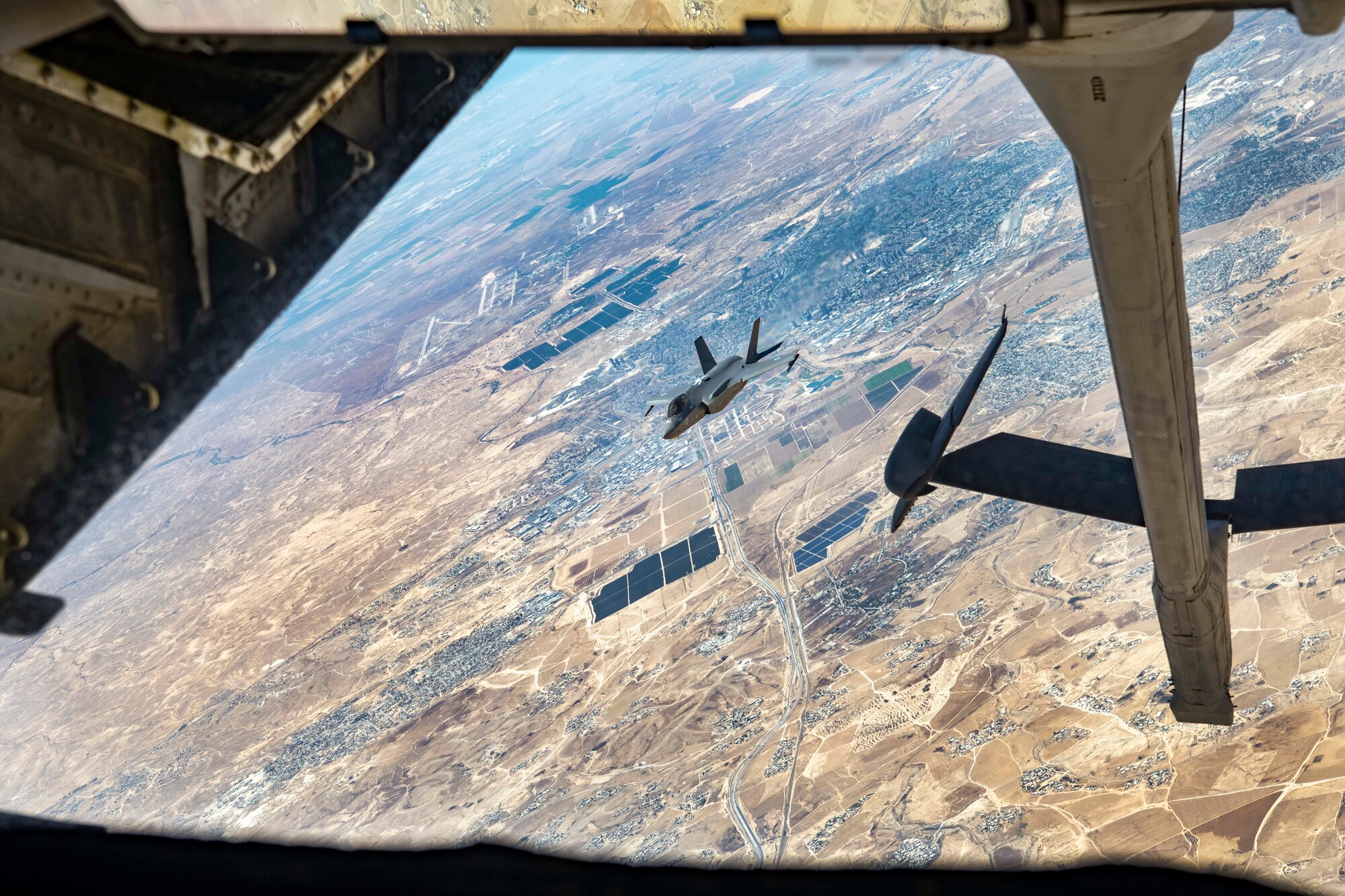 An Israeli Air Force F-35I Lightning II “Adir” approaches a U.S. Air Force 908th Expeditionary Refueling Squadron KC-10 Extender to refuel during “Enduring Lightning II” exercise over southern Israel Aug. 2, 2020. While forging a resolute partnership, the allies train to maintain a ready posture to deter against regional aggressors. (U.S. Air Force photo by Master Sgt. Patrick OReilly)