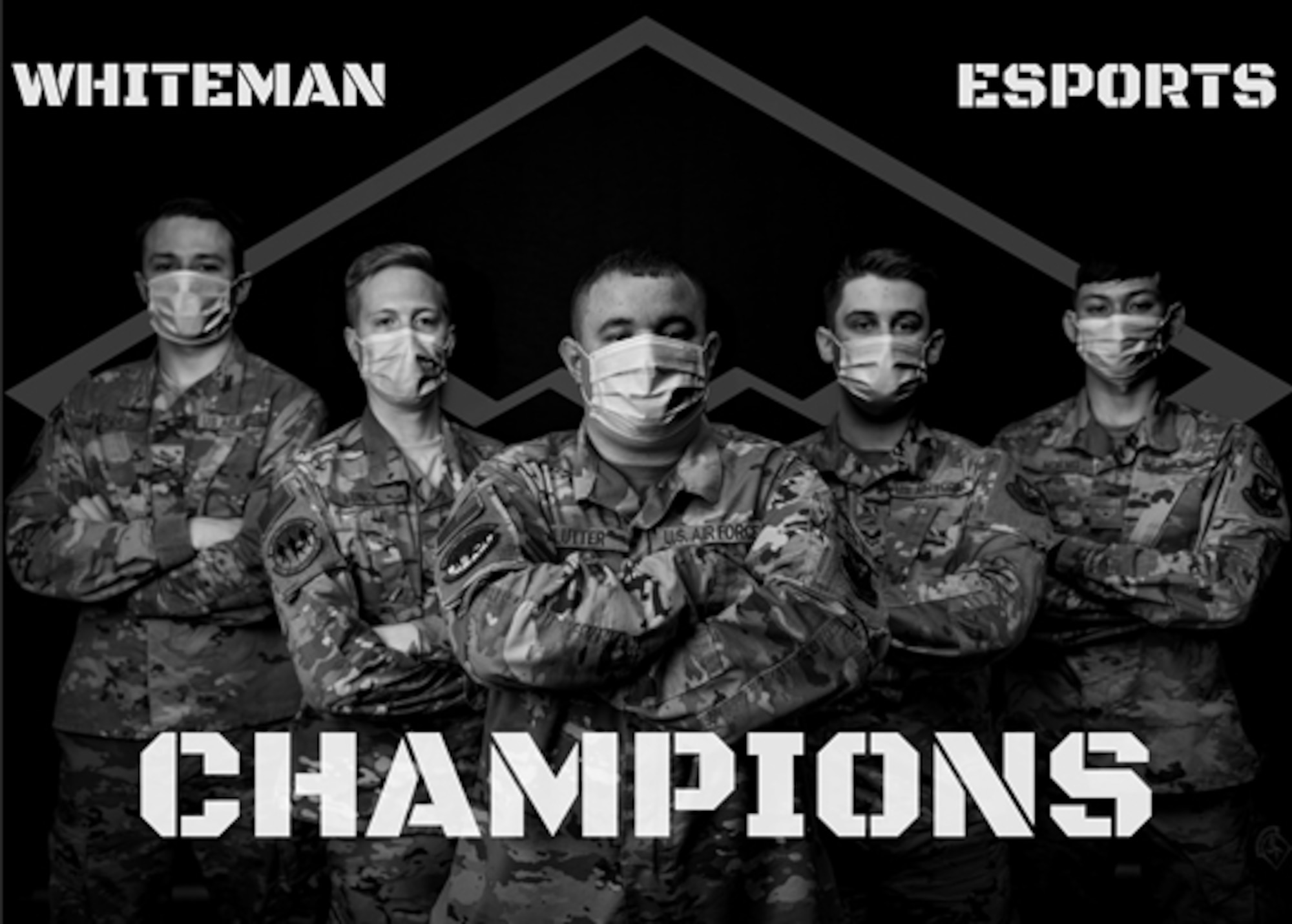 Members of Whiteman’s esports team stands for group photo at Whiteman Air Force Base, Missouri, July 30, 2020. Whiteman placed first in the Air Force esport’s inter-base championship on July 25, 2020. (U.S. Air Force photo illustration by Airman 1st Class Christina Carter)