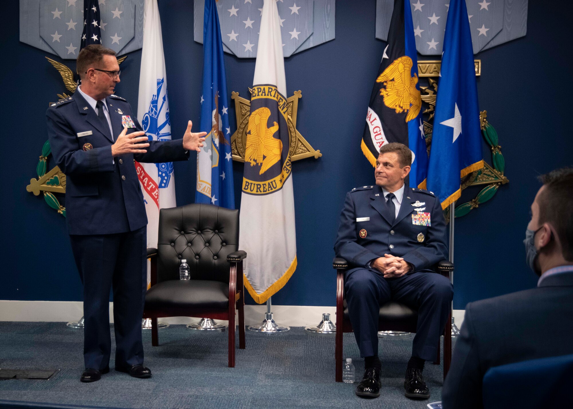 U.S. Air Force Gen. Joseph L. Lengyel, the 28th Chief of the National Guard Bureau, speaks during a Change of Responsibility ceremony for Maj. Gen. Michael A. Loh at the Pentagon July 28, 2020. During the ceremony, Loh assumed responsibility as the 13th director of the Air National Guard and was promoted to the rank of lieutenant general. (U.S. Air National Guard photo by Technical Sgt. Morgan R. Lipinski)