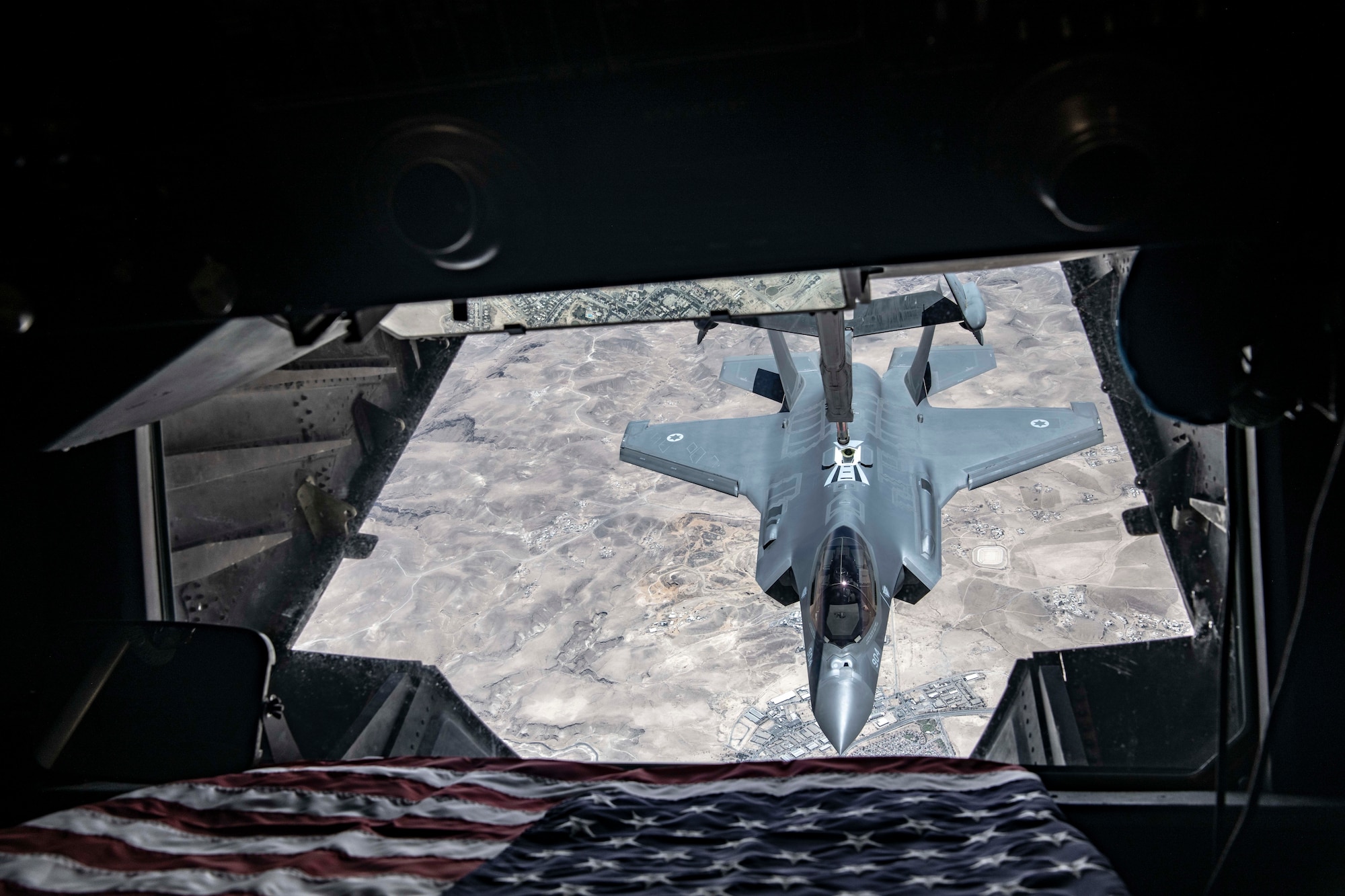 An Israeli Air Force F-35I Lightning II “Adir” approaches a U.S. Air Force 908th Expeditionary Refueling Squadron KC-10 Extender to refuel during “Enduring Lightning II” exercise over southern Israel Aug. 2, 2020. While forging a resolute partnership, the allies train to maintain a ready posture to deter against regional aggressors. (U.S. Air Force photo by Master Sgt. Patrick OReilly)