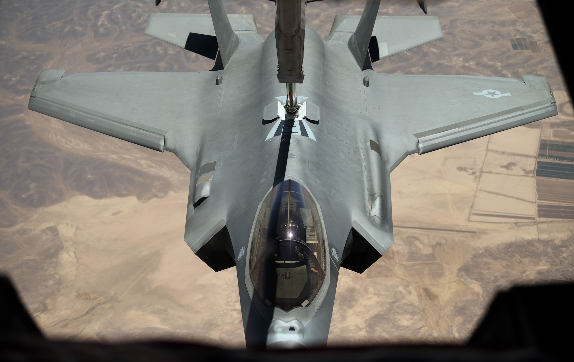 A 421st Fighter Squadron F-35A Lightning II aircraft connects with a 908th Expeditionary Refueling Squadron KC-10 Extender to refuel during “Enduring Lightning II” exercise over southern Israel Aug. 2, 2020. While forging a resolute partnership, the allies train to maintain a ready posture to deter against regional aggressors. (U.S. Air Force photo by Tech. Sgt. Charles Taylor)