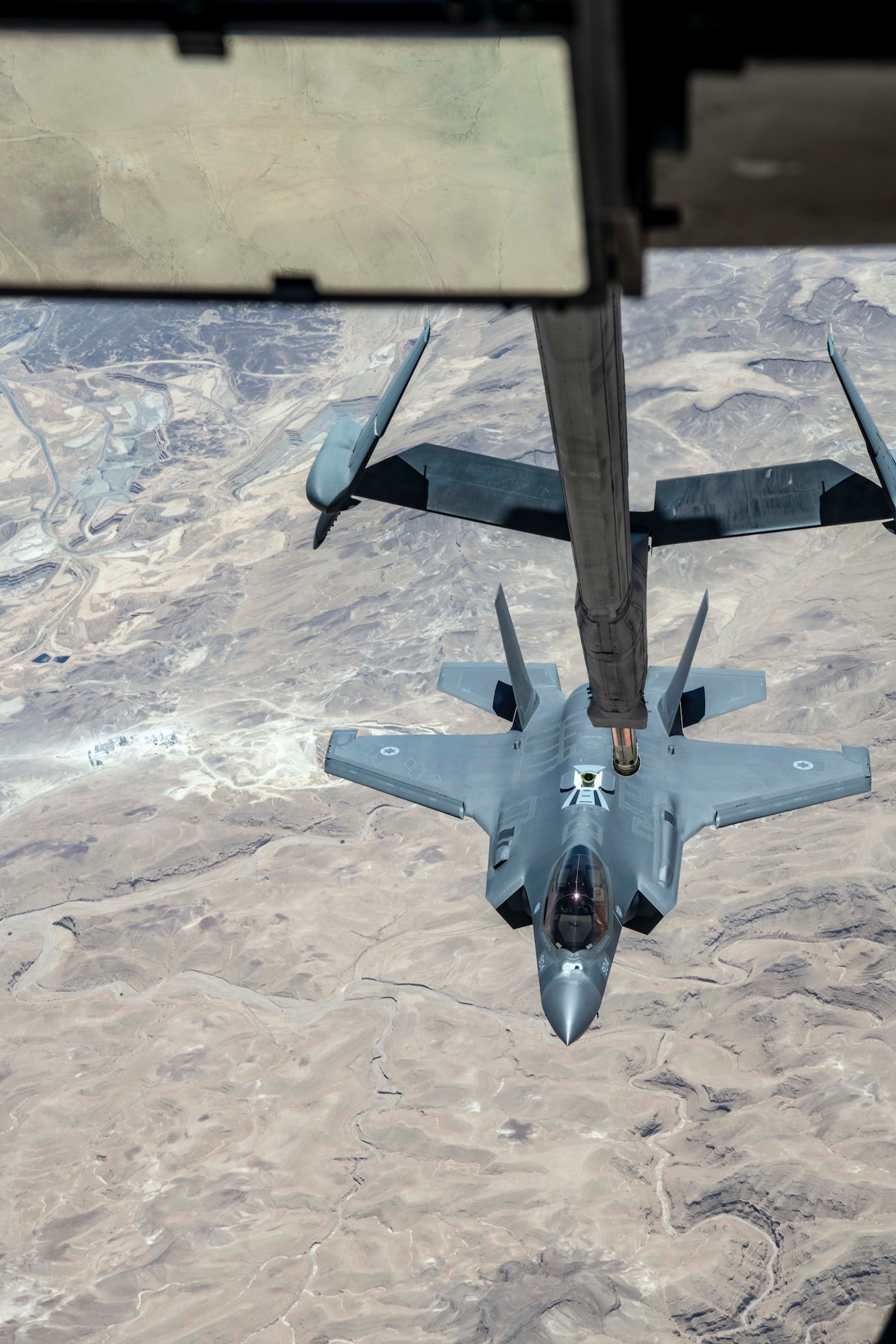 An Israeli Air Force F-35I Lightning II “Adir” approaches a U.S. Air Force 908th Expeditionary Refueling Squadron KC-10 Extender to refuel during exercise “Enduring Lightning II” over southern Israel Aug. 2, 2020. While forging a resolute partnership, the allies train to maintain a ready posture to deter against regional aggressors. (U.S. Air Force photo by Master Sgt. Patrick OReilly)