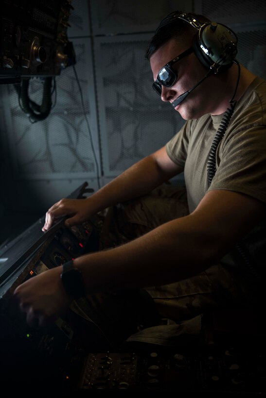 Senior Airman Richard Walker, 908th Expeditionary Air Refueling Squadron boom operator, prepares the boom to refuel an Israeli Air Force F-35I Lightning II “Adir” as it approaches a KC-10 Extender during “Enduring Lightning II” exercise over Israel Aug. 2, 2020. While forging a resolute partnership, the allies train to maintain a ready posture to deter against regional aggressors. (U.S. Air Force photo by Master Sgt. Patrick OReilly)
