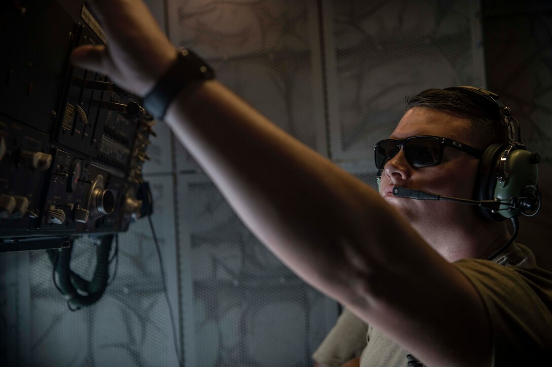 Senior Airman Richard Walker, 908th Expeditionary Air Refueling Squadron boom operator, prepares the boom to refuel an Israeli Air Force F-35I Lightning II “Adir” as it approaches a KC-10 Extender during “Enduring Lightning II” exercise over Israel Aug. 2, 2020. While forging a resolute partnership, the allies train to maintain a ready posture to deter against regional aggressors. (U.S. Air Force photo by Master Sgt. Patrick OReilly)