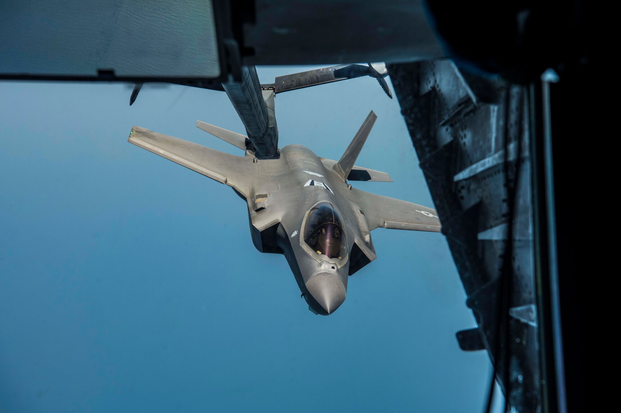 An F-35A Lightning II from the 421st Fighter Squadron here detaches from a 908th Expeditionary Refueling Squadron KC-10 Extender after refueling during “Enduring Lightning II” exercise with Israel forces over Israel Aug. 2, 2020. While forging a resolute partnership, the allies train to maintain a ready posture to deter against regional aggressors (U.S. Air Force photo by Master Sgt. Patrick OReilly)