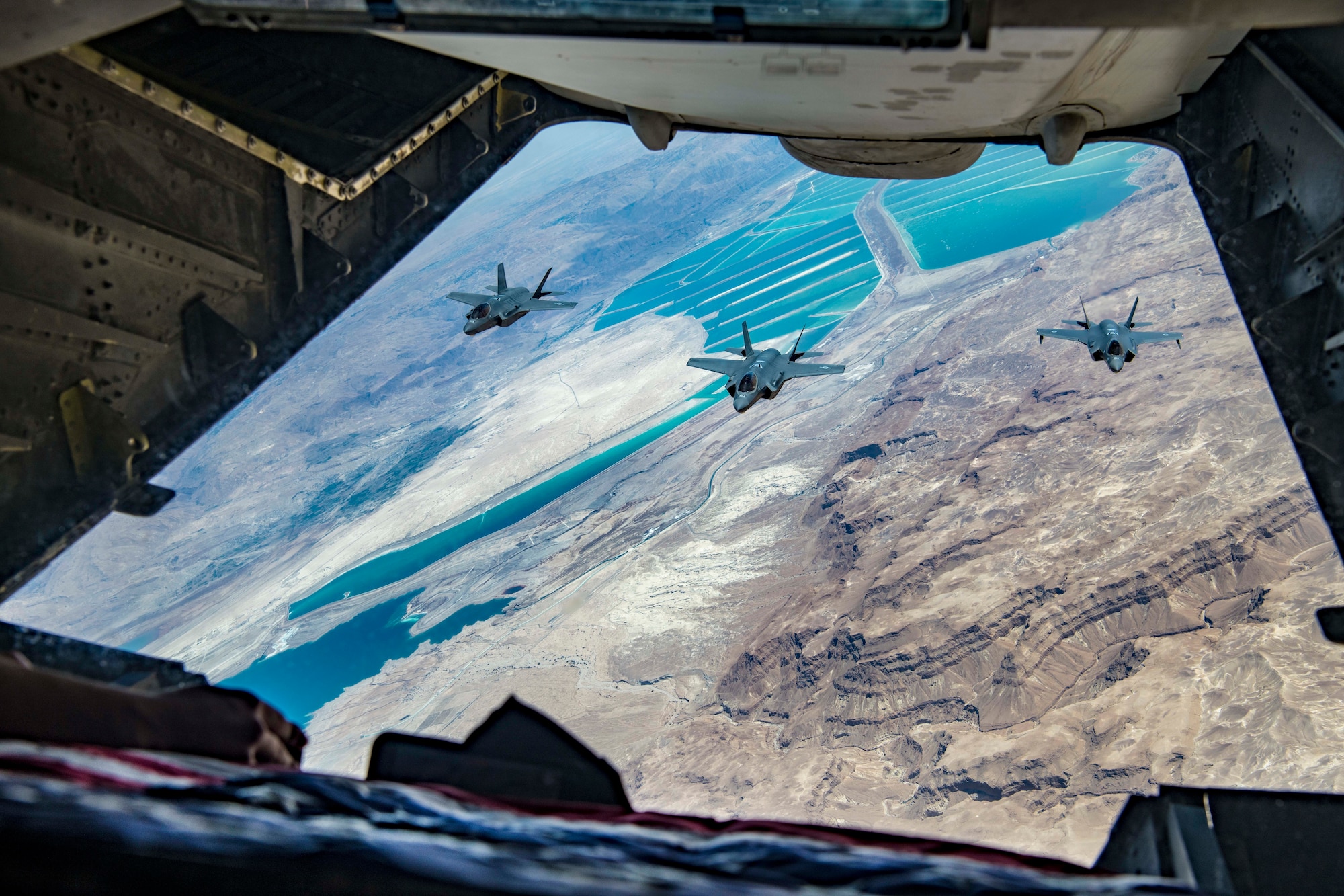 An Israeli Air Force F-35I Lightning II “Adir” approaches a U.S. Air Force 908th Expeditionary Refueling Squadron KC-10 Extender to refuel during “Enduring Lightning II” exercise over southern Israel Aug. 2, 2020. While forging a resolute partnership, the allies train to maintain a ready posture to deter against regional aggressors. (U.S. Air Force photo by Master Sgt. Patrick OReilly)