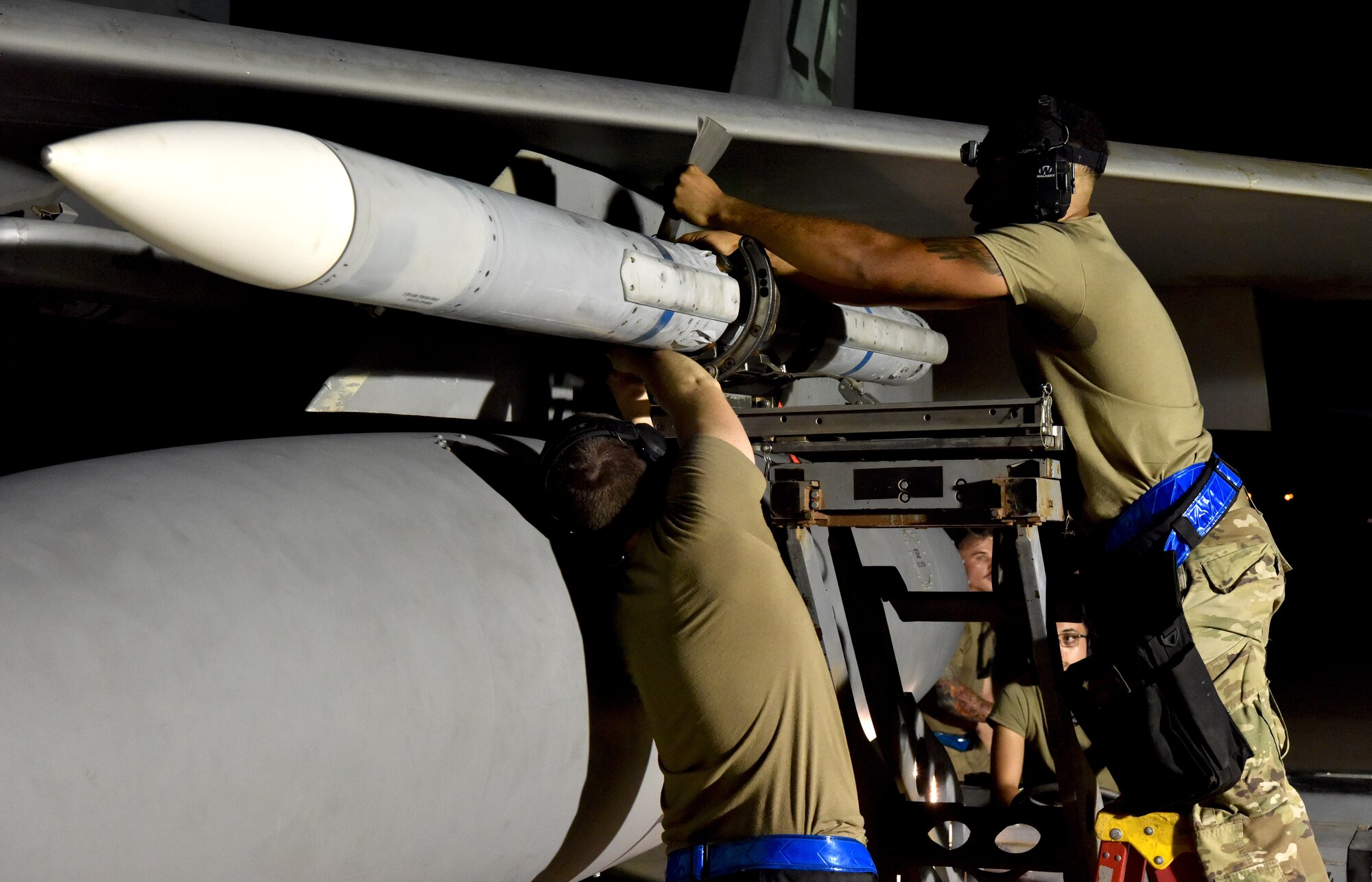 Airmen from the 378th Expeditionary Operations Group conduct an integrated combat turn to test their capability to land, refuel, weapons reload and take off at Prince Sultan Air Base, Kingdom of Saudi Arabia.