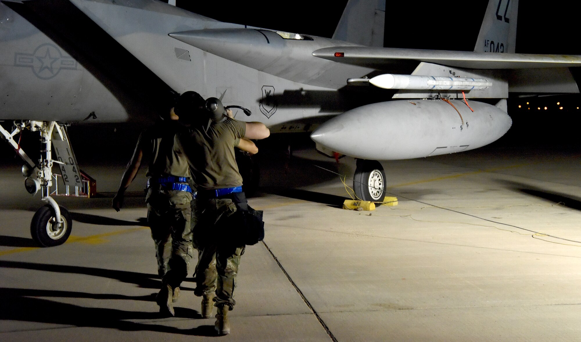 Airmen from the 378th Expeditionary Operations Group conduct an integrated combat turn to test their capability to land, refuel, weapons reload and take off at Prince Sultan Air Base, Kingdom of Saudi Arabia.