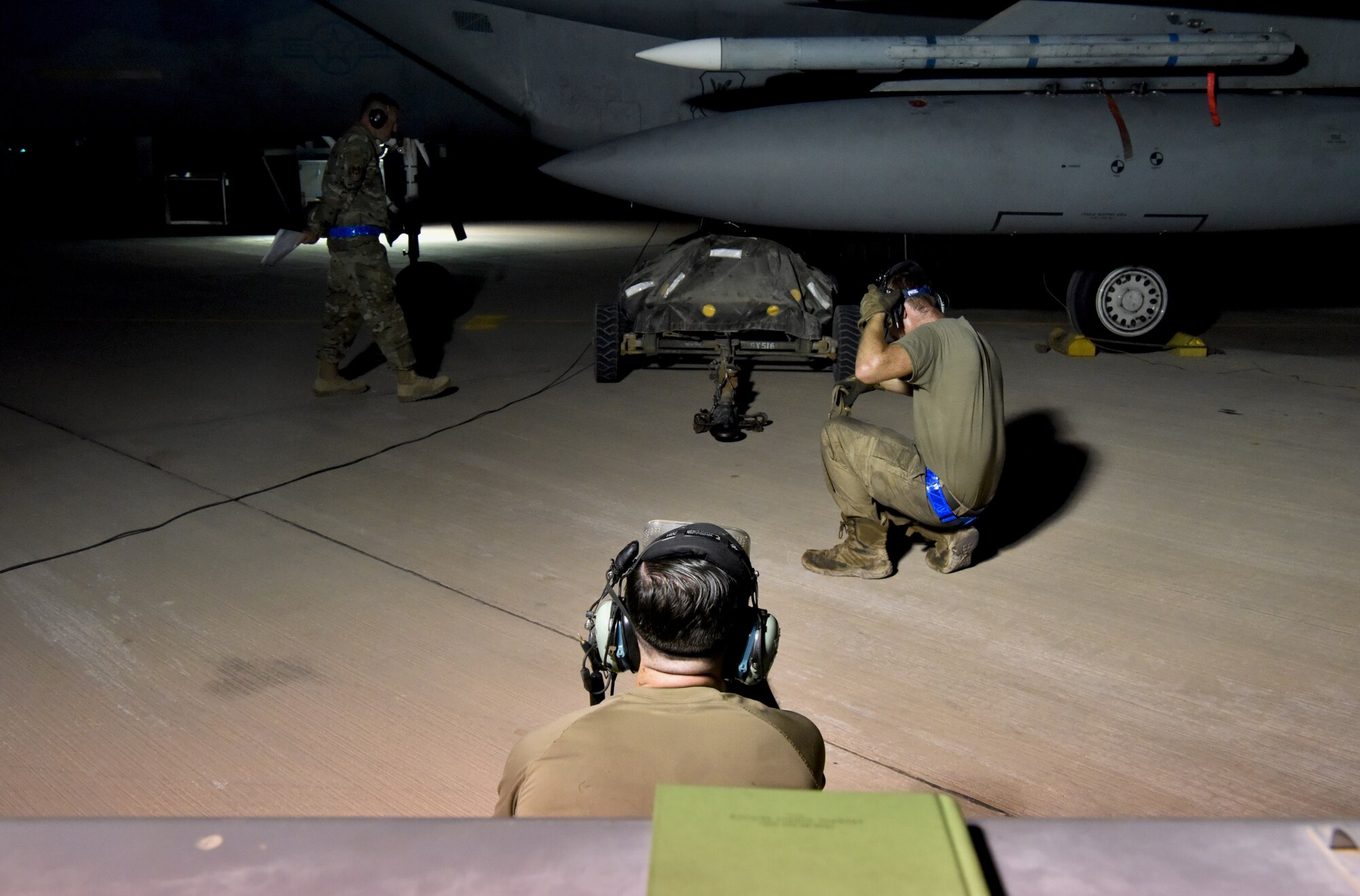 Airmen from the 378th Expeditionary Operations Group conduct an integrated combat turn to test their capability to land, refuel, weapons reload and take off at Prince Sultan Air Base, Kingdom of Saudi Arabia.