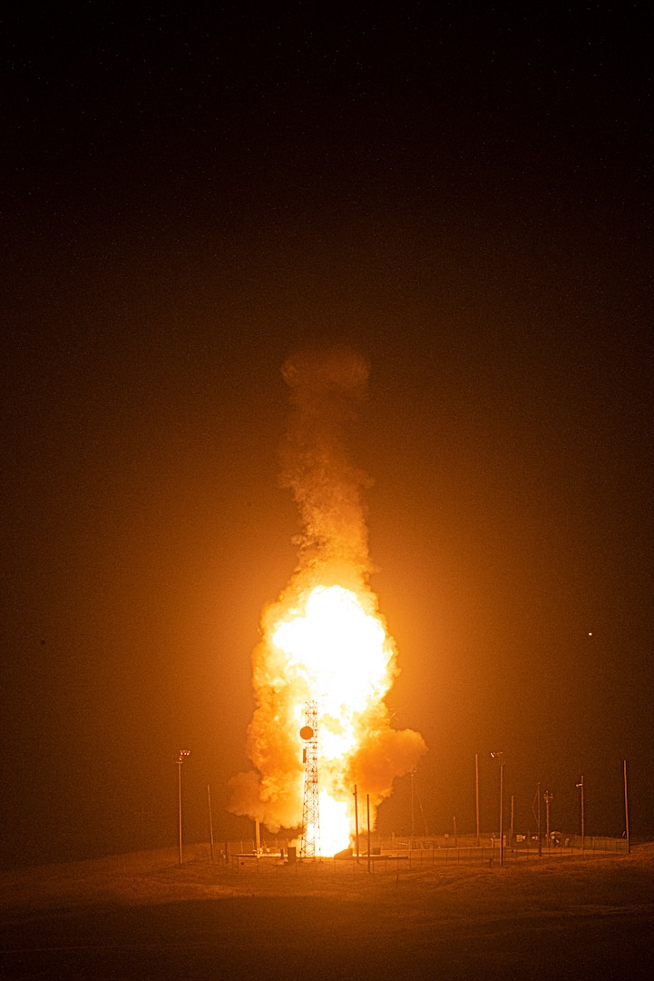 An Air Force Global Strike Command unarmed Minuteman III intercontinental ballistic missile launches during an operational test at 12:21 a.m. Pacific Daylight Time 4 August 2020, at Vandenberg Air Force Base, Calif. ICBM test launches demonstrate the U.S. nuclear enterprise is safe, secure, effective and ready to defend the United States and its allies. ICBMs provide the U.S. and its allies the necessary deterrent capability to maintain freedom to operate and navigate globally in accordance with international laws and norms. (U.S. Air Force photo by Senior Airman Hanah Abercrombie)