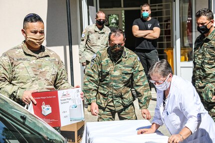 Kosovo Force Regional-Command East Soldiers from the "Kilo 5" Liaison Monitoring Team delivered 4,000 euros worth of medical equipment July 28, 2020, to the Health Station of Banjska (Banjske), Kosovo. Col. Noel Hoback, RC-E deputy brigade commander, 41st Infantry Brigade Combat Team, Oregon National Guard, presided over the delivery.