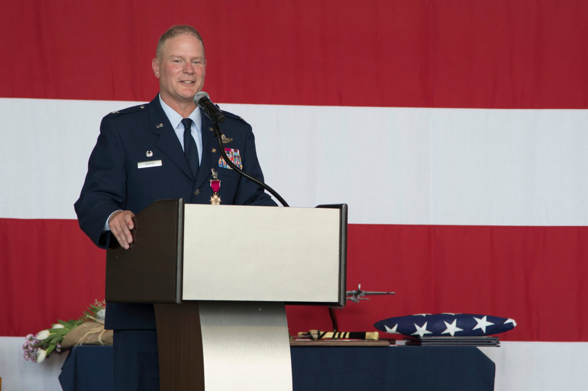 Col. James DeVere speaks about all the mentors during his career at his retirement ceremony.