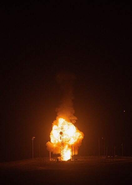 An Air Force Global Strike Command unarmed Minuteman III intercontinental ballistic missile launches during an operational test at 12:21 a.m. Pacific Daylight Time 4 August 2020, at Vandenberg Air Force Base, Calif. ICBM test launches demonstrate the U.S. nuclear enterprise is safe, secure, effective and ready to defend the United States and its allies. ICBMs provide the U.S. and its allies the necessary deterrent capability to maintain freedom to operate and navigate globally in accordance with international laws and norms. (U.S. Air Force photo by Senior Airman Hanah Abercrombie)