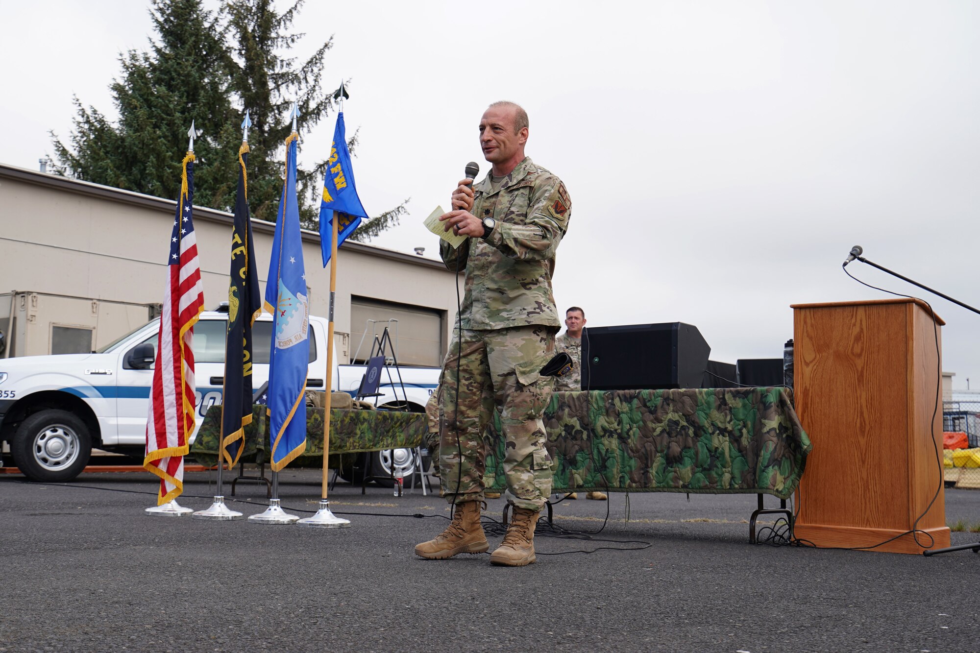 U.S. Air Force Lt. Col. Ryan Barton, incoming 142nd Security Forces commander, gives remarks during a change of command ceremony at the Portland Air National Guard Base, Ore., Aug. 2, 2020. A limited number of family and Airmen attended the event due to COVID-19 restrictions.