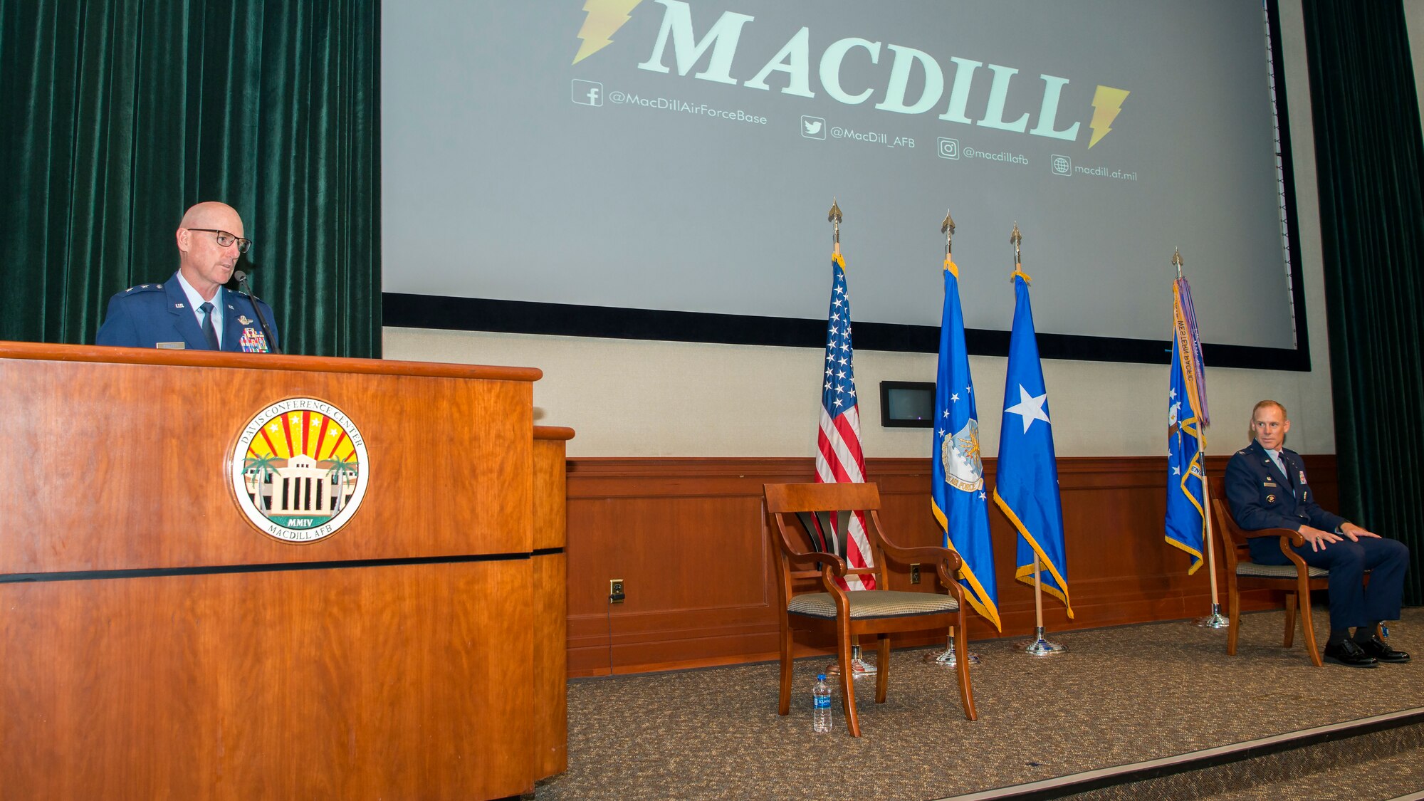 U.S. Air Force Maj. Gen. Sam Barrett, the 18th Air Force commander, speaks at the 6th Air Refueling Wing (ARW) assumption of command ceremony at MacDill Air Force Base, Fla., Aug. 4, 2020.