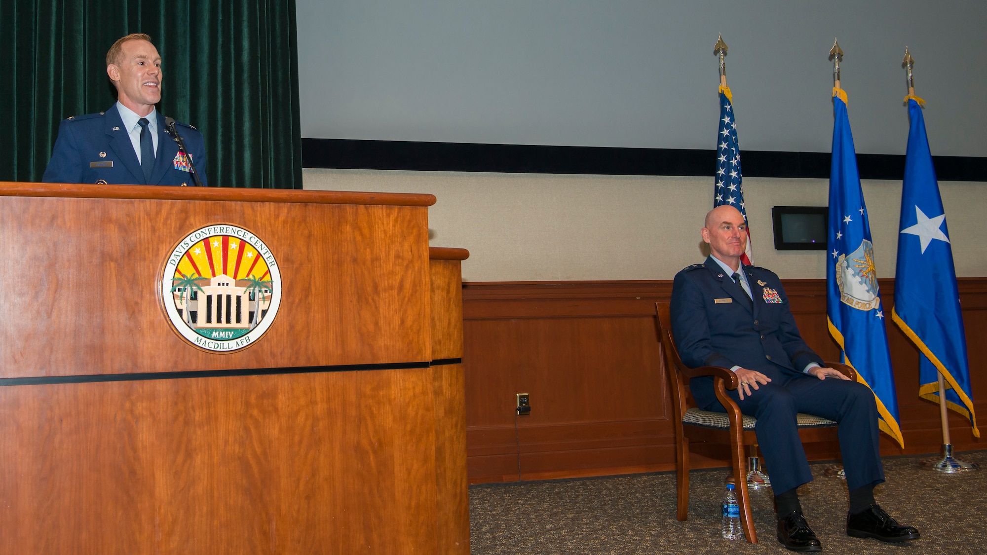 U.S. Air Force Col. Benjamin Jonsson, assuming 6th Air Refueling Wing (ARW) commander, speaks at the 6th ARW assumption of command ceremony at MacDill Air Force Base, Fla., Aug. 4, 2020.