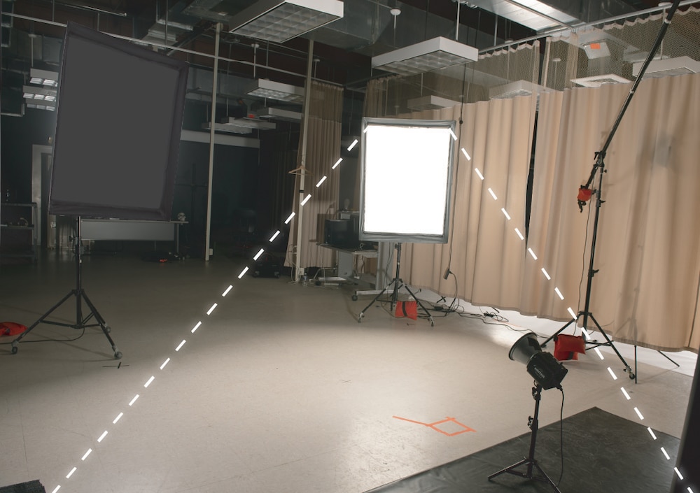 The fill light that fills in or lightens any shadows produced by the main light in a studio setting.
