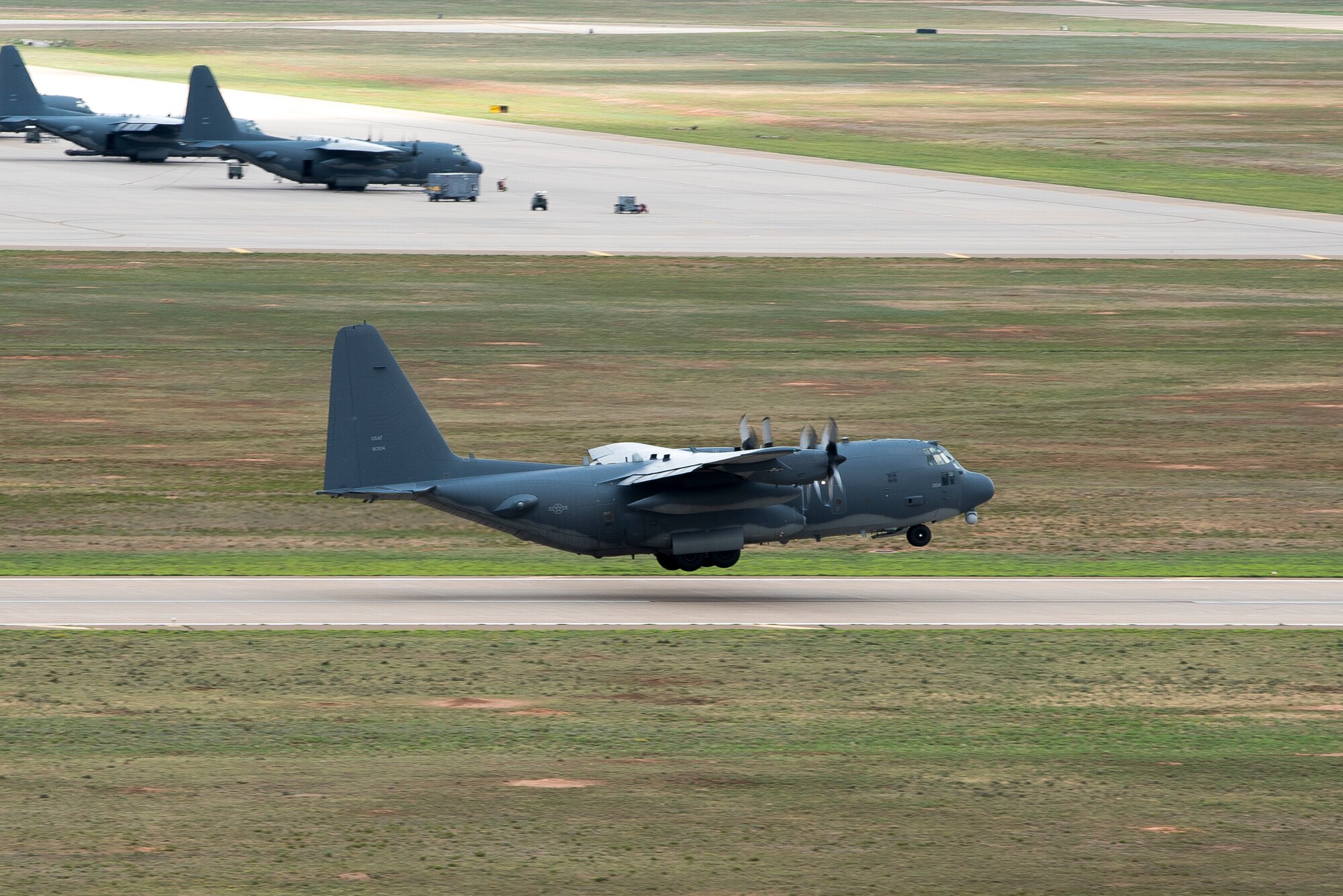 An MC130-J lifts off after performing a touch-and-go maneuver at Cannon Air Force Base, New Mexico, July 23, 2020. When an aircraft wants to leave or enter Cannon’s airfield, a flight path needs to be established with the 27th Special Operations Support Squadron radar approach control team. (U.S. Air Force photo by Senior Airman Vernon R. Walter III)