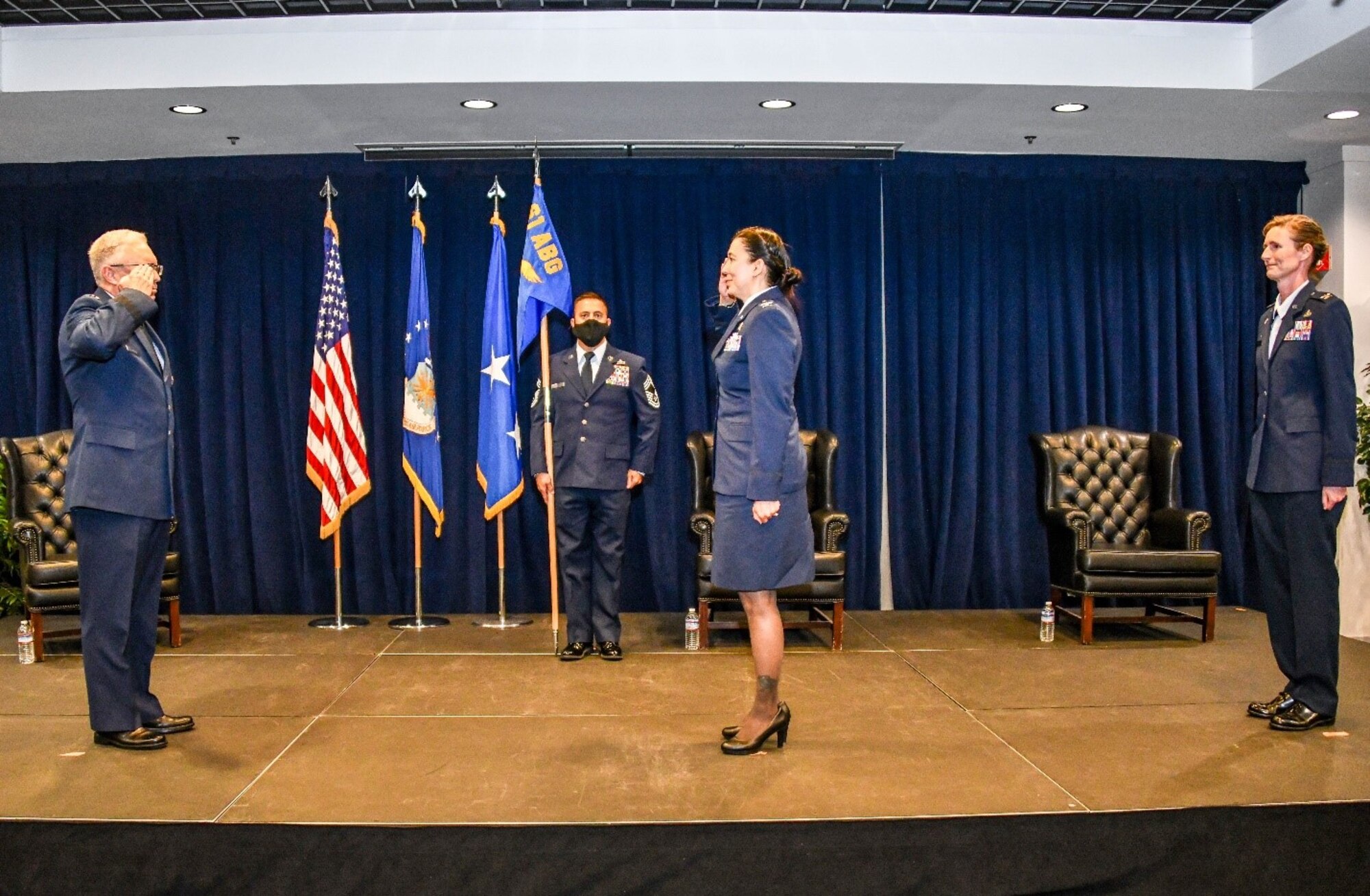 Lt. Gen. John F. Thompson, Space and Missile Systems Center commander and Air Force program executive officer for Space, officiates a change of command during which outgoing commander, Col. Ann Igl relinquishes leadership of the 61st Air Base Group to Col. Becky Beers inside SMC's Gordon Conference Center July 15, 2020 at the Los Angeles Air Force Base in El Segundo, Calif.  (U.S. Air Force photo/Van De Ha)