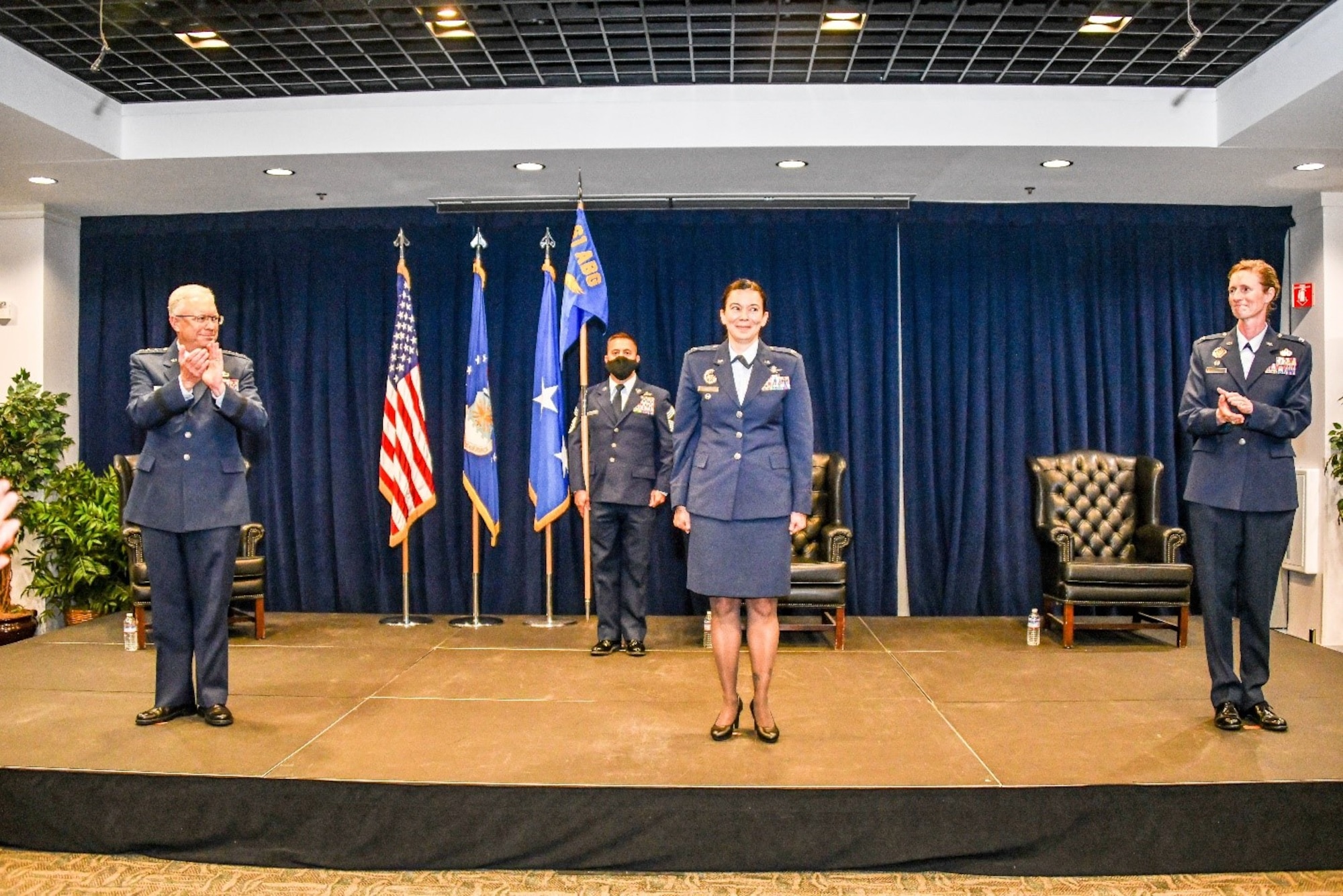Lt. Gen. John F. Thompson, Space and Missile Systems Center commander and Air Force program executive officer for Space, officiates a change of command during which outgoing commander, Col. Ann Igl relinquishes leadership of the 61st Air Base Group to Col. Becky Beers inside SMC's Gordon Conference Center July 15, 2020 at the Los Angeles Air Force Base in El Segundo, Calif. (U.S. Air Force photo/Van De Ha)