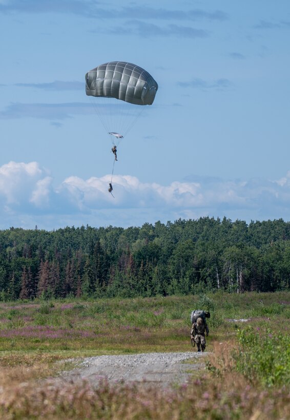 Army soldiers drop to the ground using parachutes.