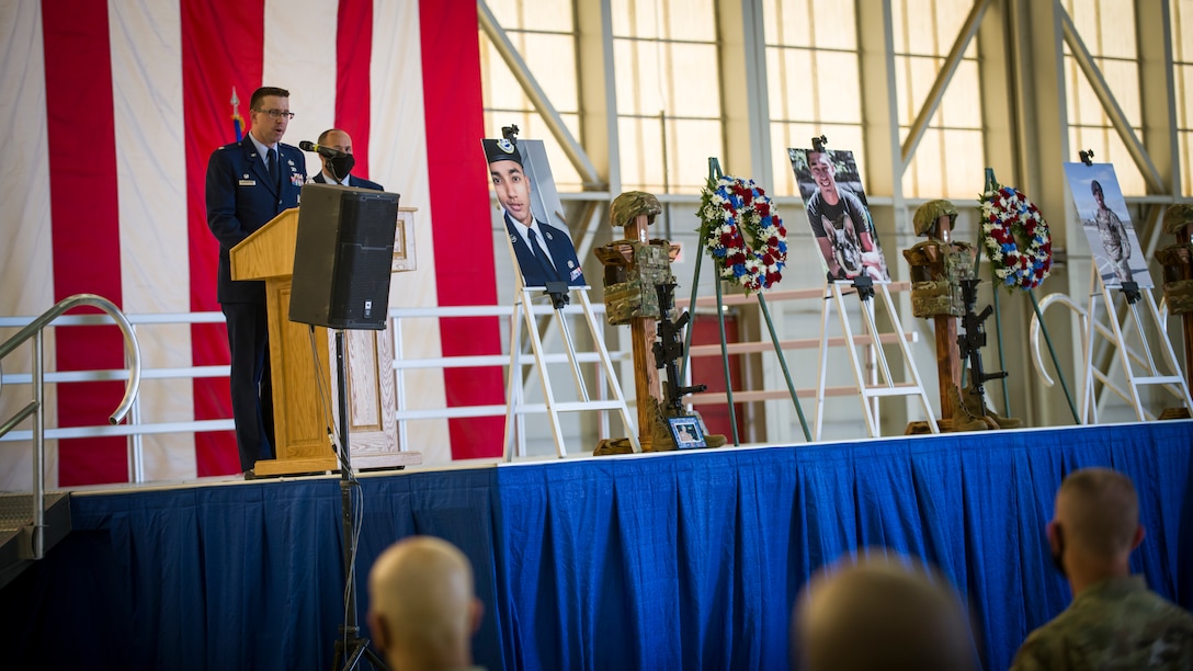Lt. Col. Joseph A Bincarousky Sr., the 412th Security Forces Squadron Commander, provides his remarks during a memorial service for three Security Forces members lost this year at Edwards Air Force Base, California, Aug. 3. (Air Force photo by Giancarlo Casem)