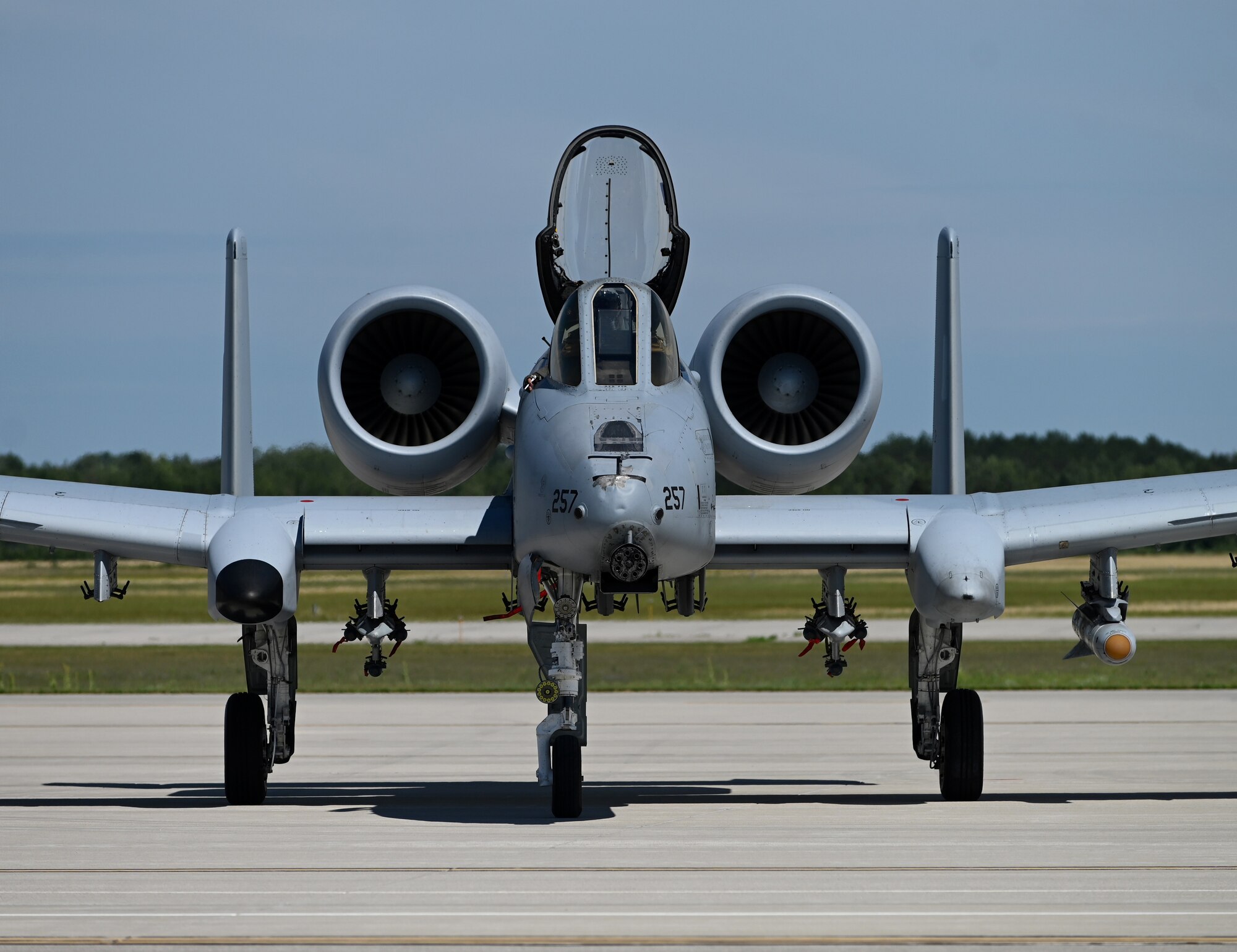 An A-10 Thunderbolt II from the 107th Fighter Squadron, Selfridge Air National Guard Base, Mich., taxis to a hot-pit maintenance area set up by the 174th Maintenance Group Detachment 1 maintenance team during Northern Strike 20 in Alpena, Mich., July 27, 2020. The 174th MXG Det. 1 is a New York Air National Guard unit located in Ft. Drum, New York. The unit has provided maintenance support to Northern Strike since 2012. Northern Strike is the National Guard Bureau’s largest joint, multi-component exercise and takes place at the National All-Domain Warfighting Center in Northern Michigan.