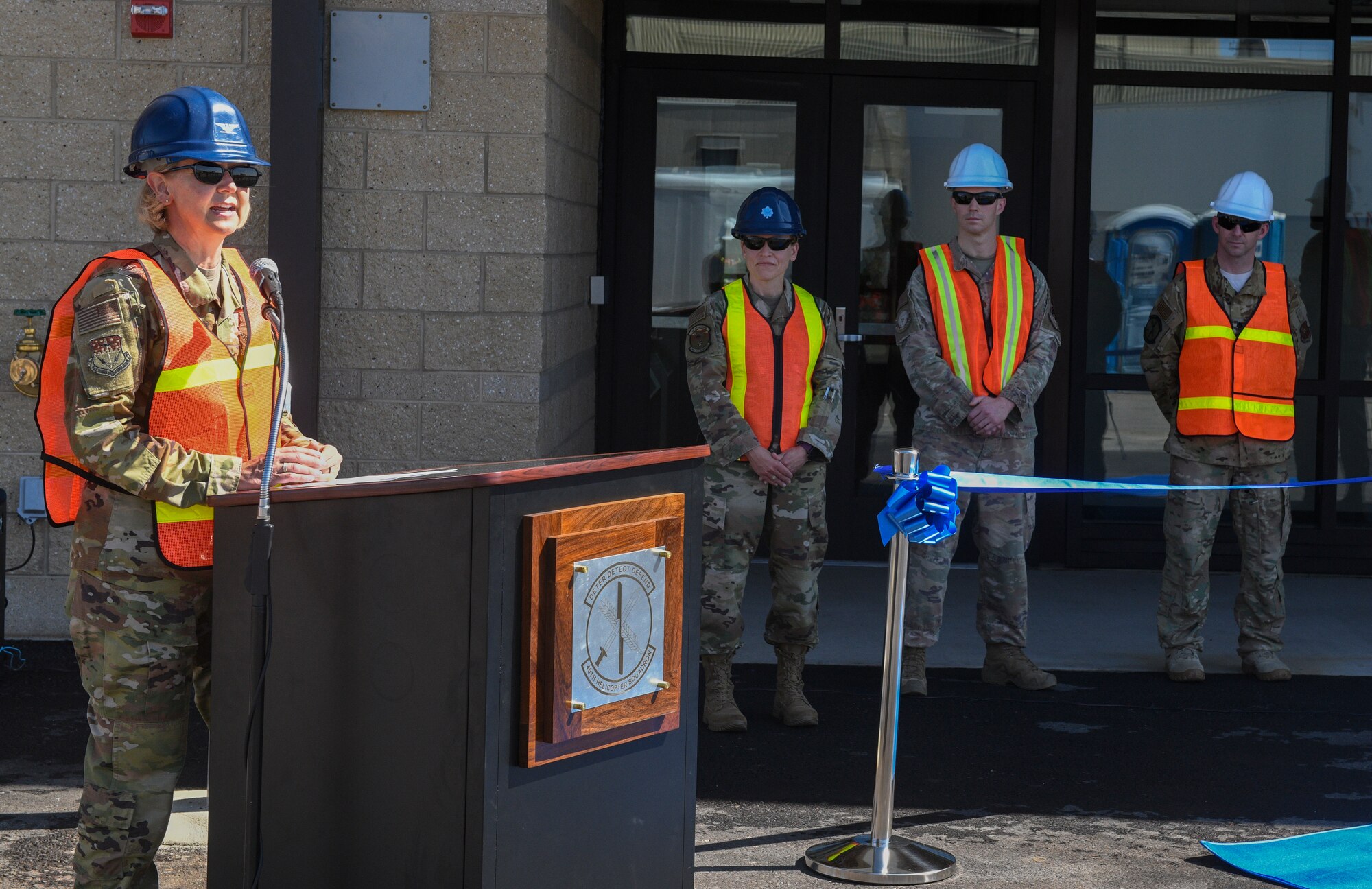Col. Jennifer Reeves, 341st Missile Wing commander, makes opening remarks during a ribbon-cutting ceremony for the new Tactical Response Force/Helicopter Operations Alert Facility Aug. 4, 2020, at Malmstrom Air Force Base, Mont.