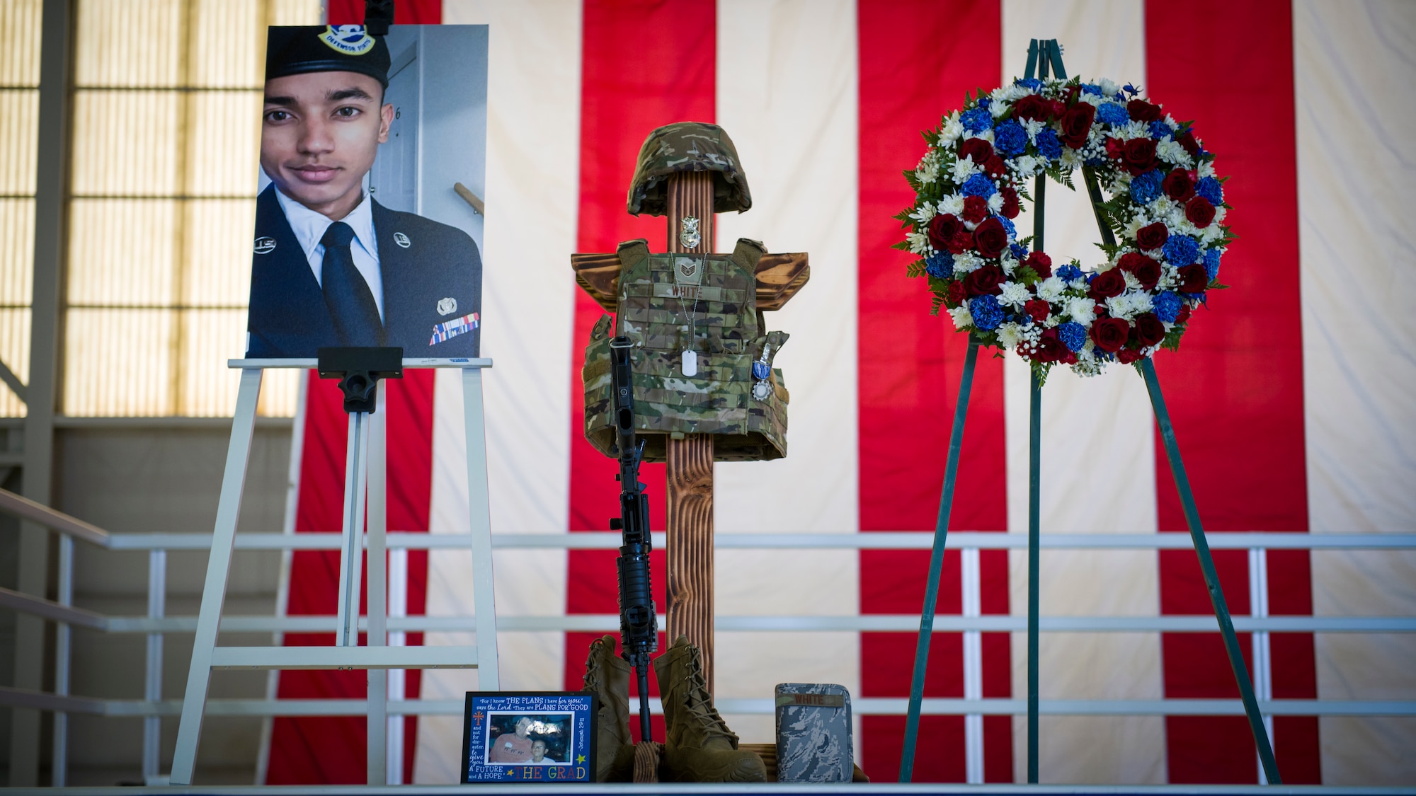 Staff Sgt. Kylle White, 24 of Phoenix, Arizona, was honored during a memorial service on Edwards Air Force Base, California, Aug. 3 White was a Patrolman on Echo Flight prior to being hired as the squadron’s Capabilities and Development Noncommissioned Officer-in-Charge. In this position he looked for ways to innovate and streamline the Test Wing’s mission for the Air Forces’ second largest installation, which encompasses 308,000 acres, 71 test aircraft, 573 miles of roads and the security of 11,259 base personnel. (Air Force photo by Giancarlo Casem)