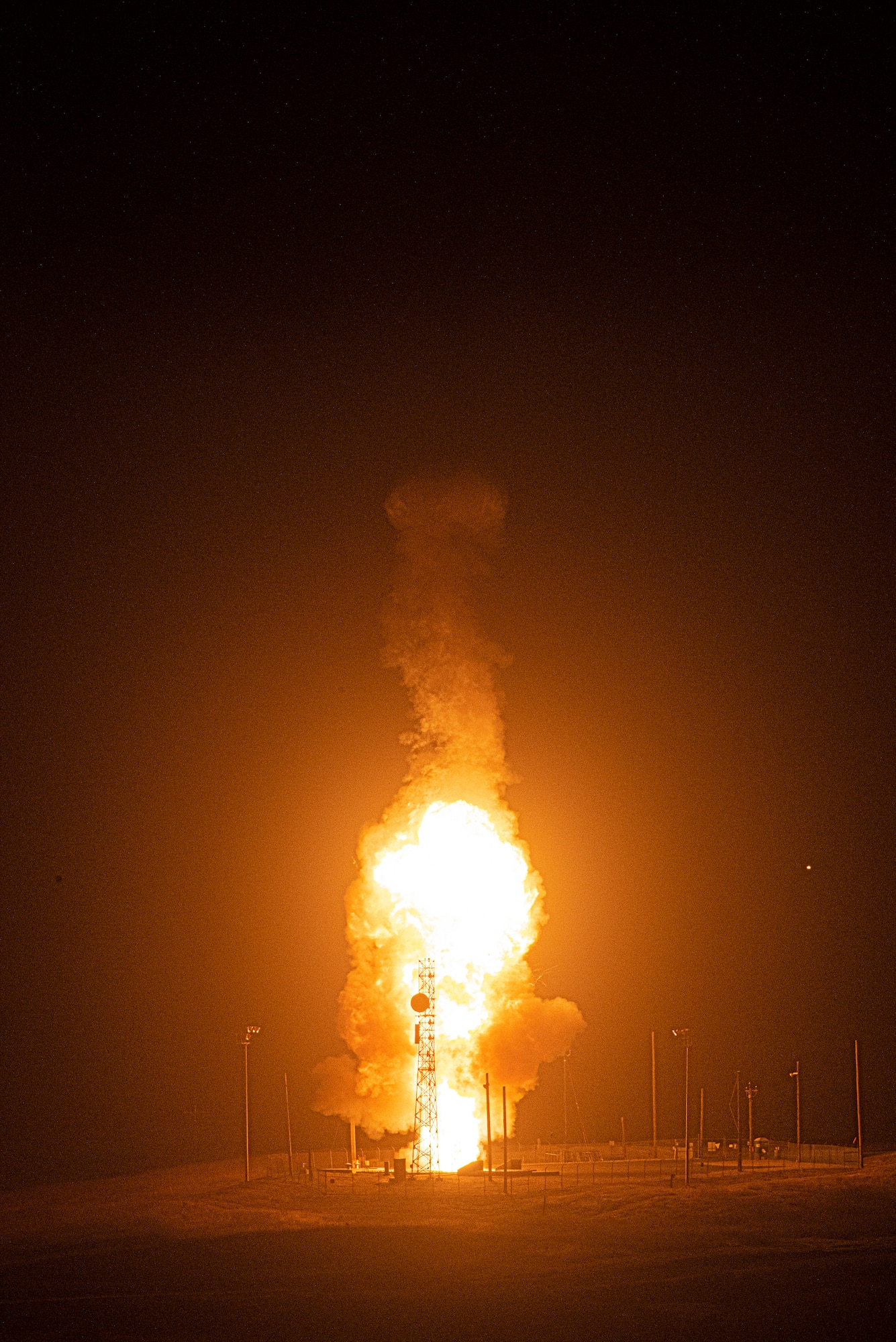 An Air Force Global Strike Command unarmed Minuteman III intercontinental ballistic missile launches during an operational test at 12:21 a.m. Pacific Daylight Time 4 August 2020, at Vandenberg Air Force Base, Calif. ICBM test launches demonstrate the U.S. nuclear enterprise is safe, secure, effective and ready to defend the United States and its allies. ICBMs provide the U.S. and its allies the necessary deterrent capability to maintain freedom to operate and navigate globally in accordance with international laws and norms. (U.S. Air Force photo by Senior Airman Hanah Abercrombie)